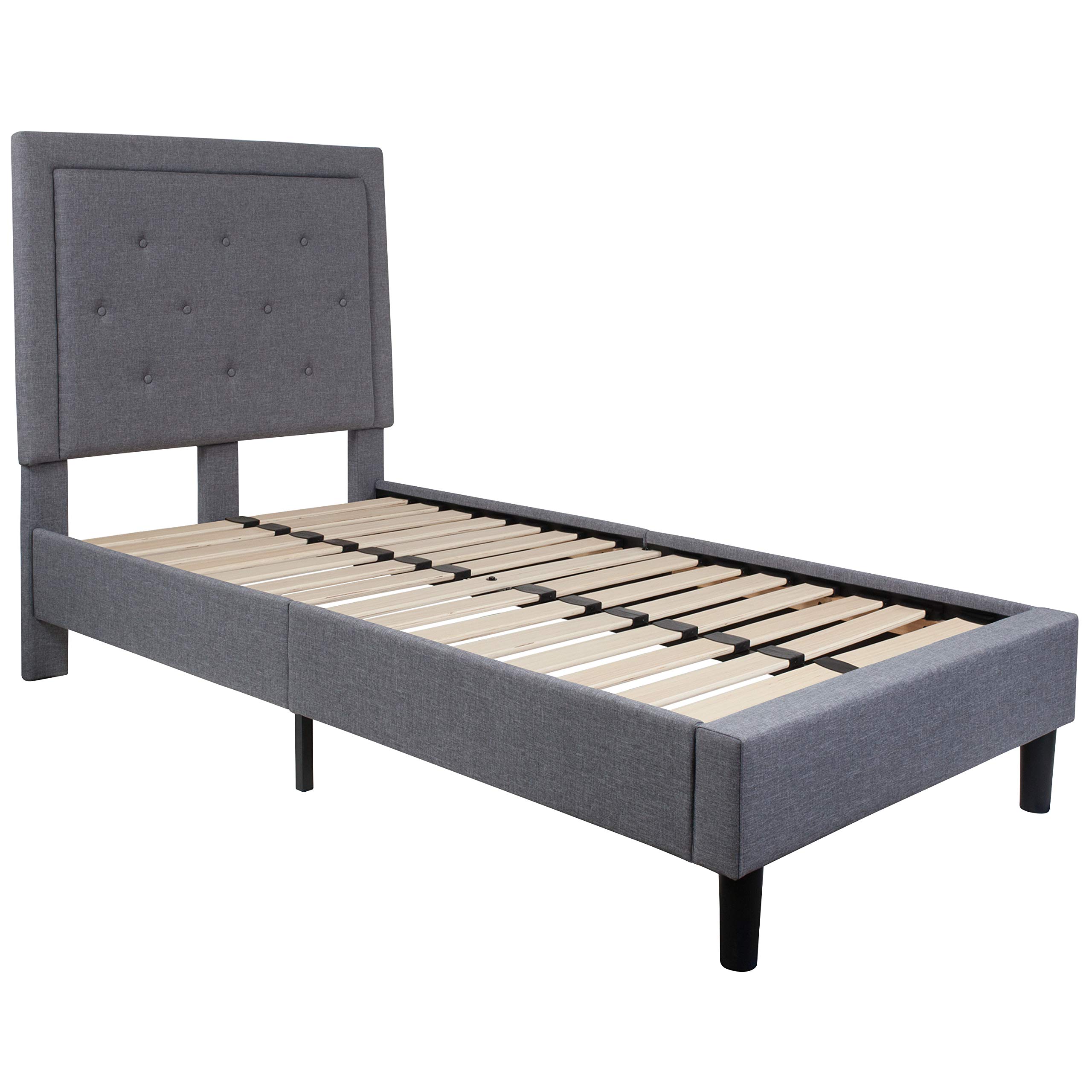 Merrick Lane Mallory Twin Size Platform Bed - Tufted Upholstered Bed Frame with Light Gray Fabric - Perfect for Small Bedrooms, Guest Rooms & Dorm Rooms