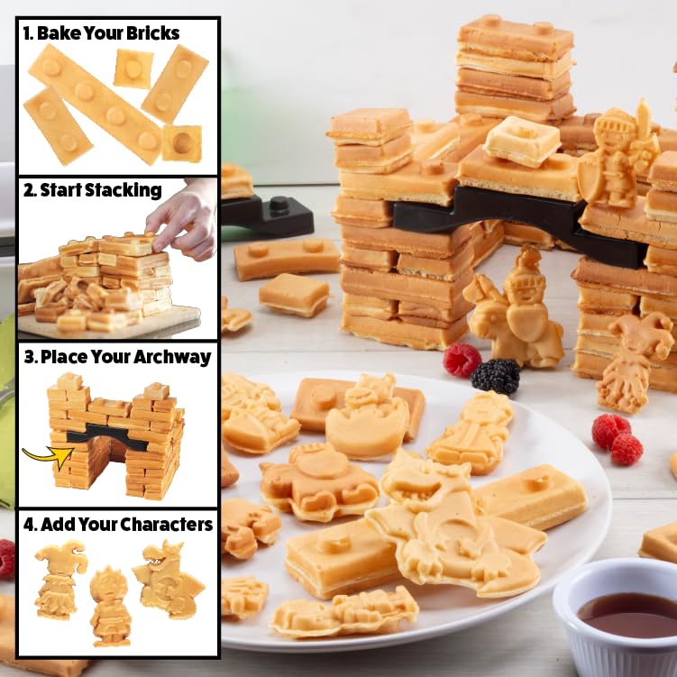 Fantasy Castle Waffle Maker - Electric Nonstick Waffle Iron with 4 Removable Plates (Dishwasher Safe) - Create Fun Waffles & Pancakes in Brick, Knight, Princess & Dragon Shapes - Perfect Kids Gift for Birthday & Family Breakfast Time