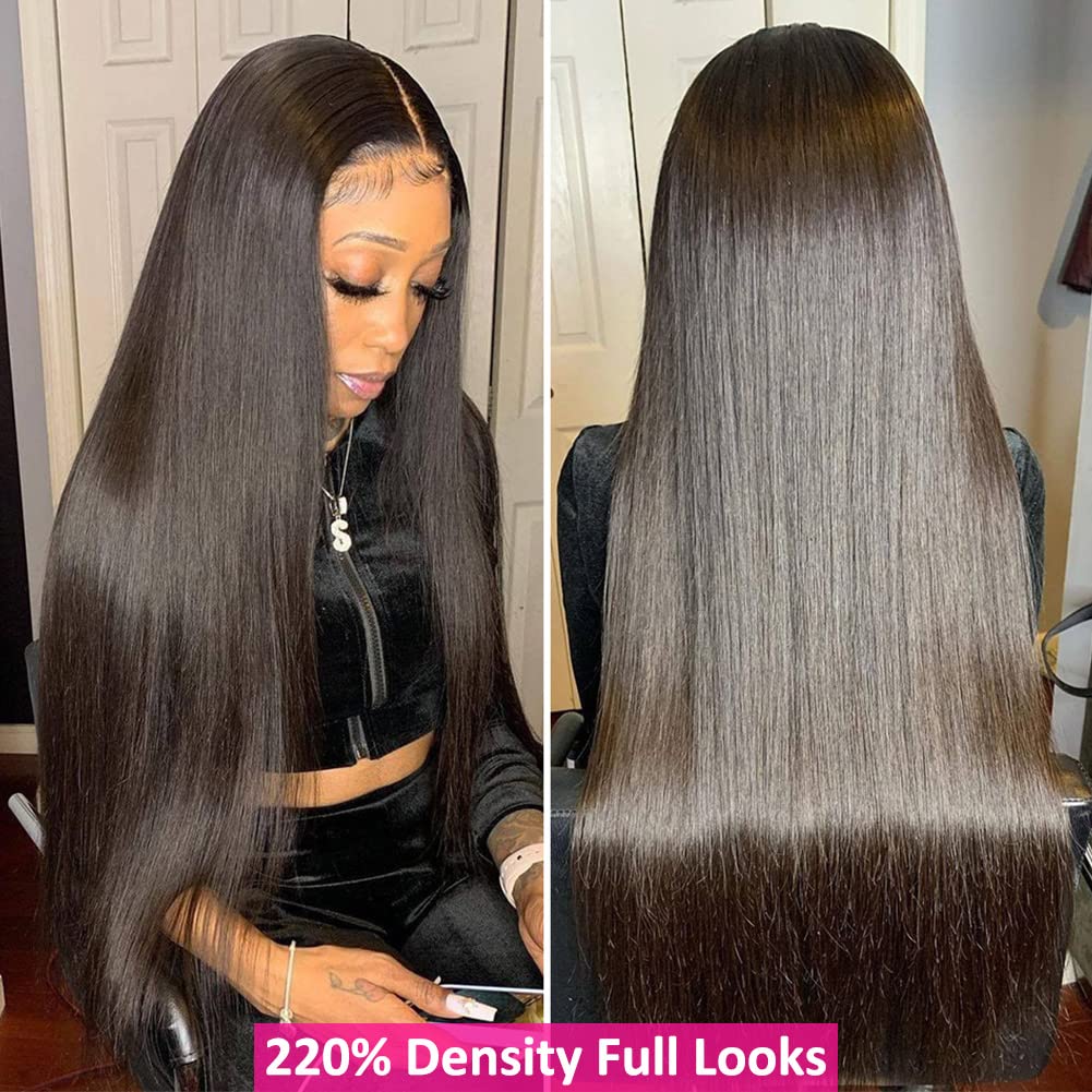 13x4 HD Transparent Lace Front Wigs Human Hair - Pre Plucked with Baby Hair 220% Density Straight Lace Wig for Black Women | Natural Hairline 24 Inch | Perfect for Daily Wear, Parties & Special Occasions
