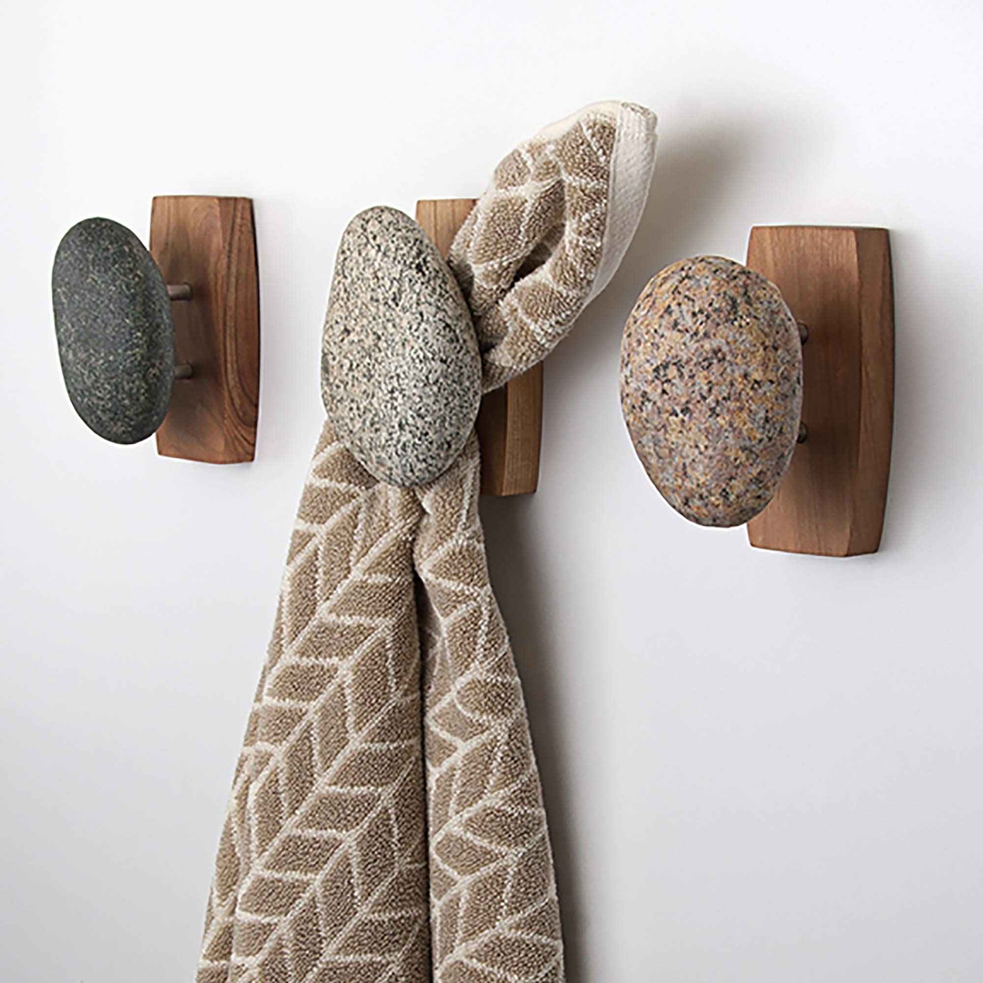 Premium Natural Stone Wall Hook with Elegant Wooden Backplate - 3 Pack Cherry Finish Coat Hooks for Coats, Towels, Robes - Indoor & Outdoor Use - Perfect for Entryway, Bathroom, Bedroom, and Patio Organization