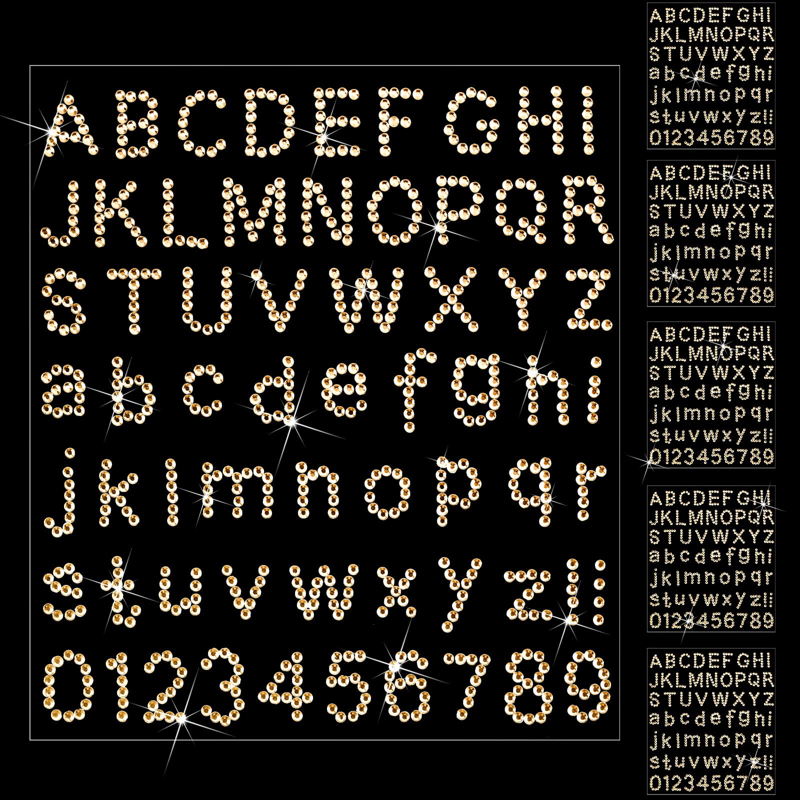 Clabby 6 Sheets Glitter Rhinestone Letter Stickers - Bling Crystal Alphabet & Number Stickers (26 Letters + 10 Numbers) - Champagne Gold DIY Gemstone Border Decals for Scrapbooking, Phone Cases, Nail Art & Craft Projects