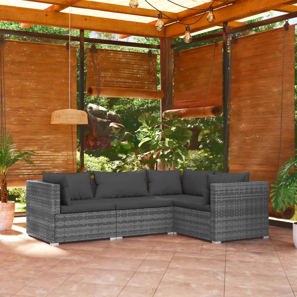 vidaXL 4-Piece Patio Lounge Set - Outdoor Garden Furniture with Cushions, Gray Poly Rattan Sectional Sofa for Backyard, Poolside & Terrace Relaxation