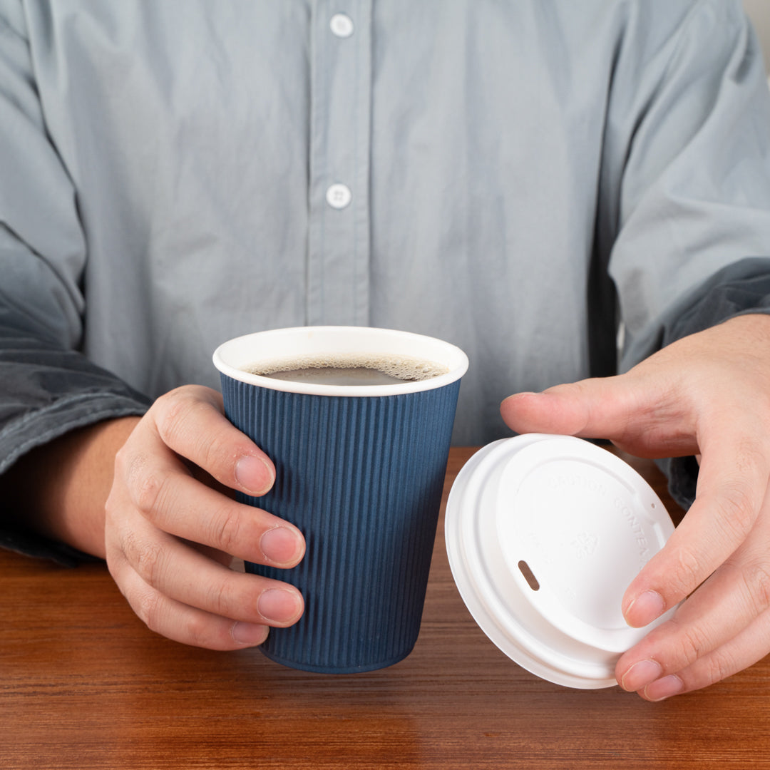Premium 12 oz Midnight Blue Ripple Wall Coffee Cups with White Lids - 3.5