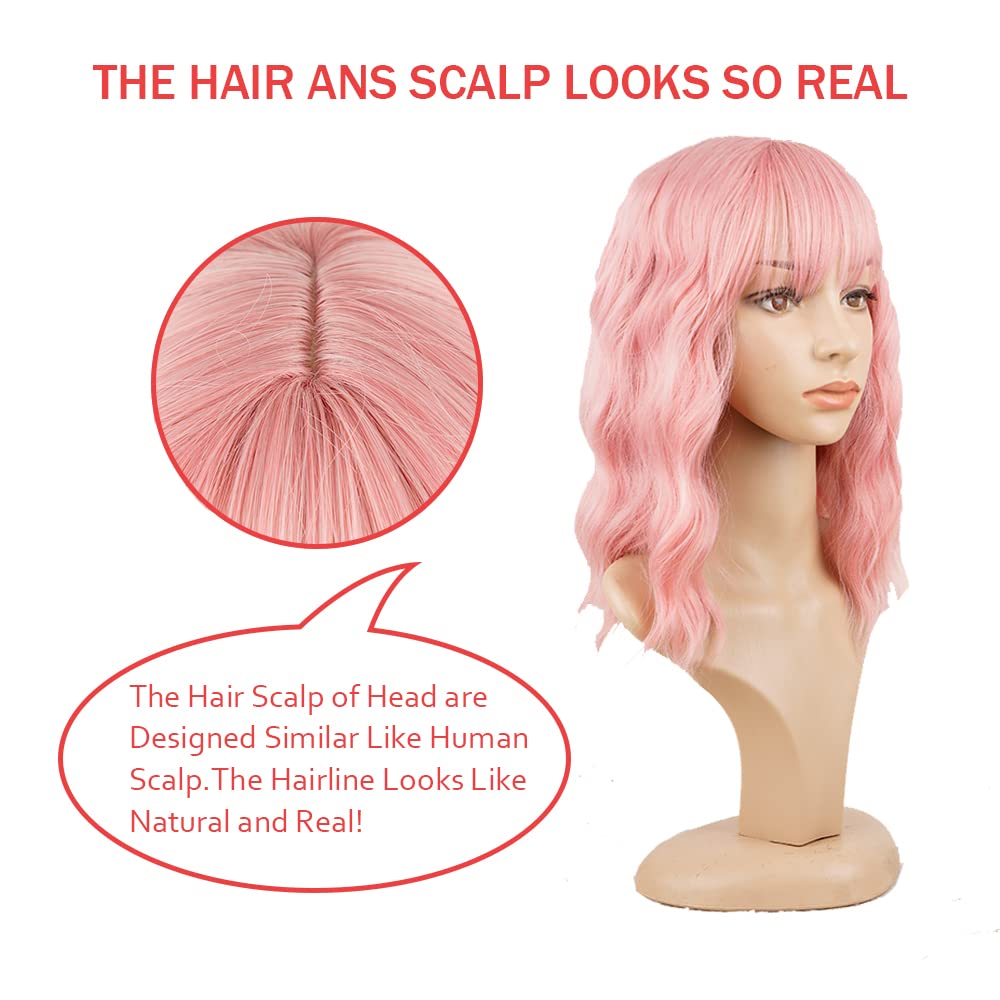 Pink Wavy Real Human Hair Wig with Bangs - Short Bob Heat Resistant Tangle-Free Synthetic Wig for Women & Girls | Perfect for Cosplay, Daily Wear, Halloween & Costume Parties