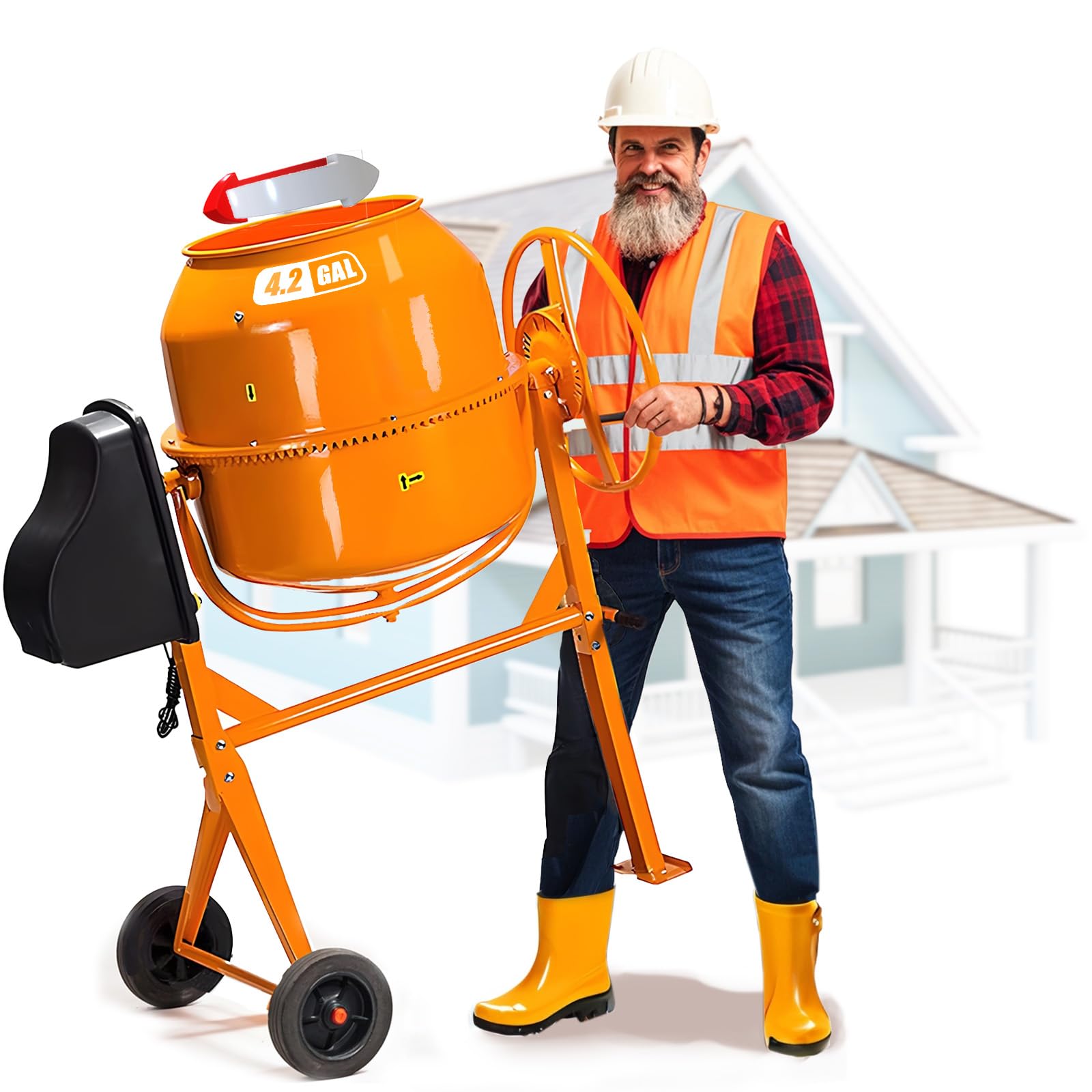 4.2 Cu Ft Electric Cement Mixer - Portable Concrete Mixing Machine with Wheels - Heavy Duty Stucco & Mortar Mixer for Construction, DIY Projects, Home Renovation & Garden Work