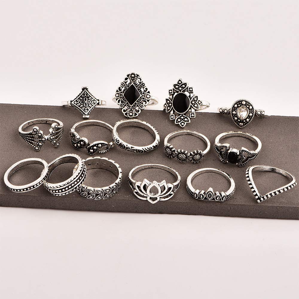 YouBella 15-Piece Boho Silver Plated Rings Set for Women | Oxidized Jewelry Gift Set | Trendy Stackable Rings for Everyday Wear, Parties & Special Occasions (YBRG_20111A)