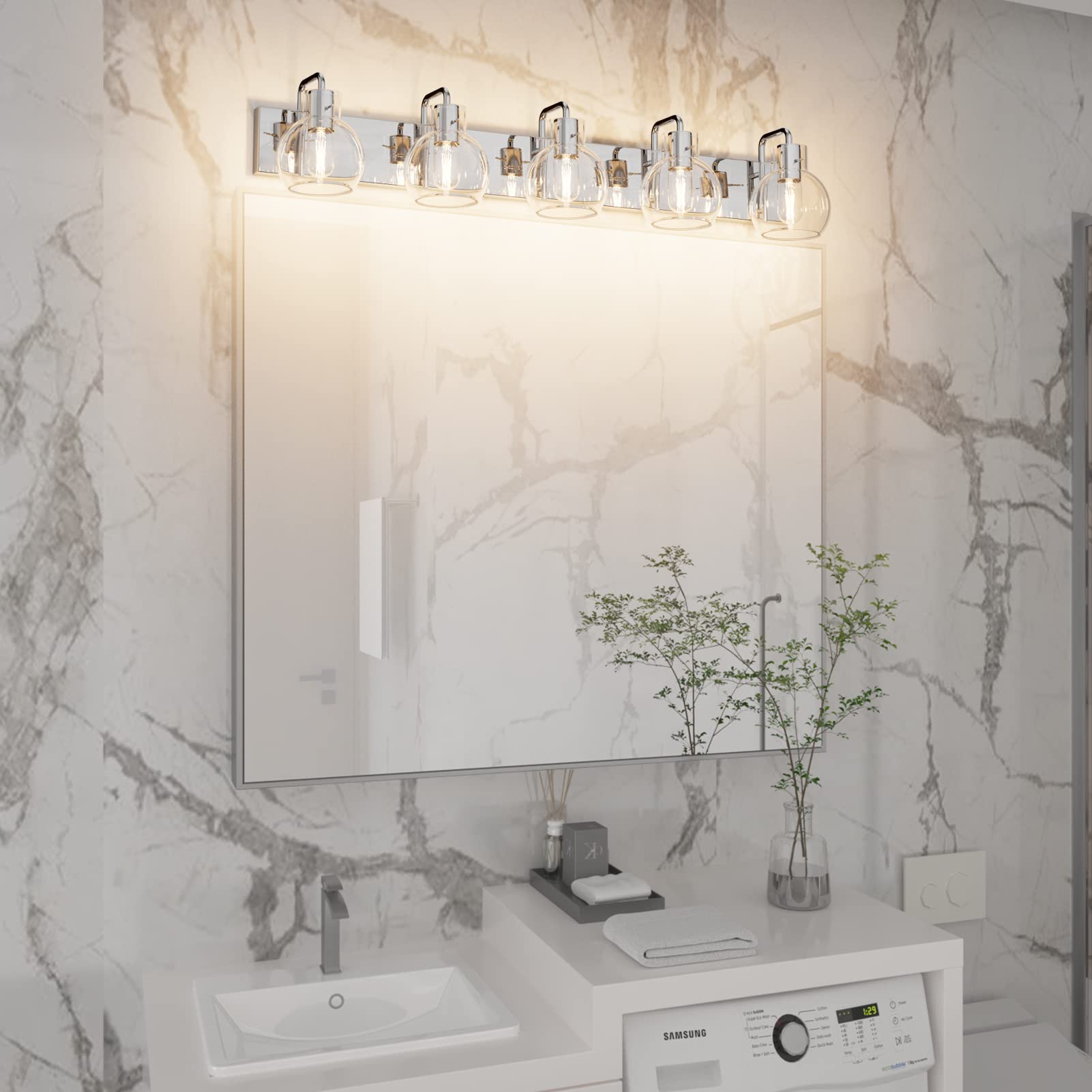 Tipace 5-Light Modern Chrome Bathroom Vanity Light Fixture - Stainless Steel Industrial Farmhouse Sconce with Clear Glass Globes for Mirror Lighting (Bulbs Not Included) - Perfect for Bathroom, Powder Room & Dressing Area