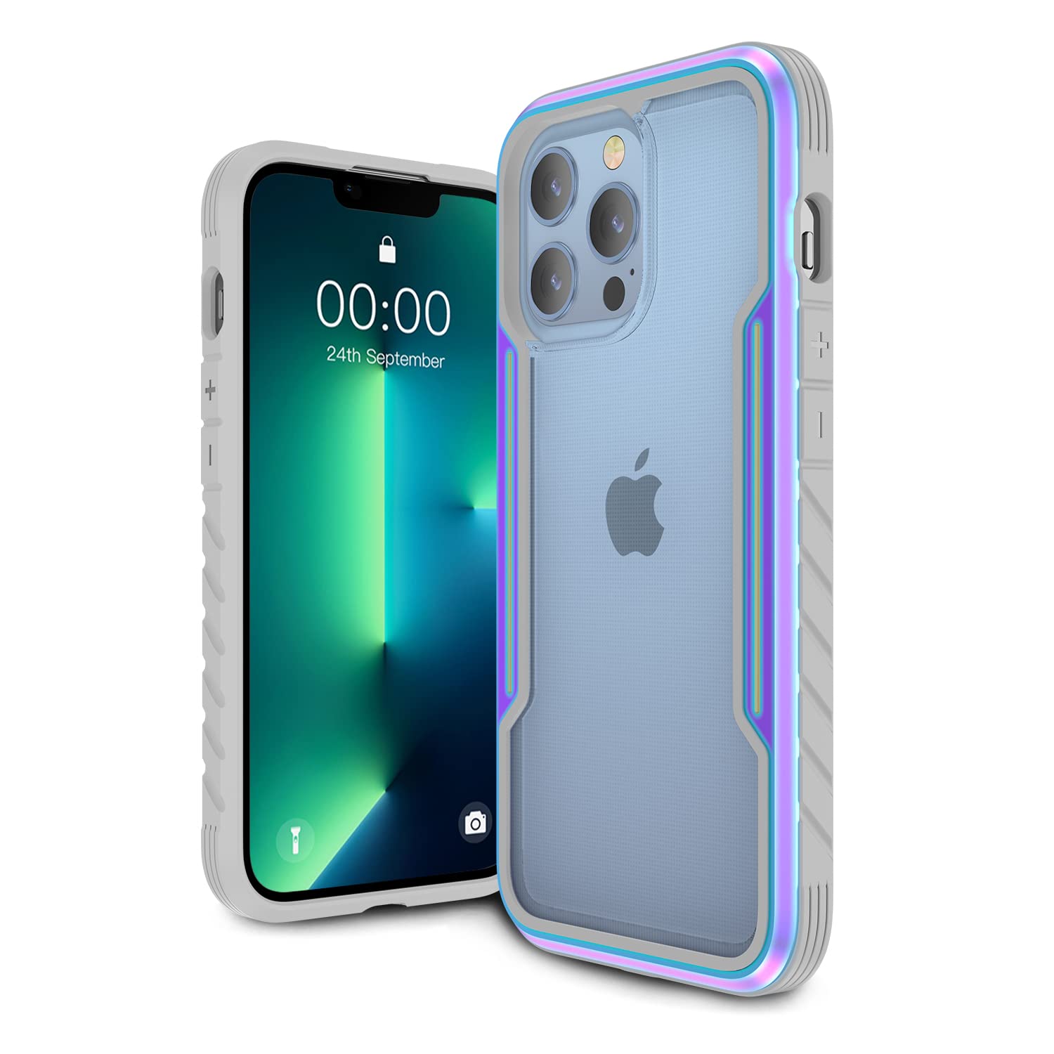 Shockproof iPhone 13 Pro Max Case (2021) - Clear Soft Silicone Protective Cover with Rugged Aluminum Bumper | 6.7 Inch Durable Phone Case in Iridescent Gray | Perfect for Outdoor Activities, Work & Daily Protection