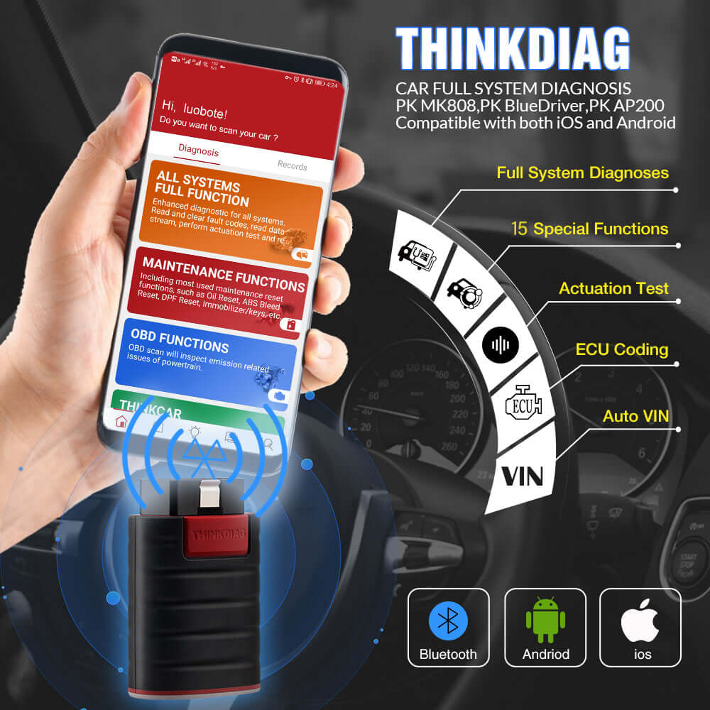 THINKCAR ThinkDiag Bluetooth OBD2 Scanner for Car Diagnostics - Check Engine Light, Read & Clear Codes, Live Data - Compatible with Android & iOS (Old Version) - Perfect for DIY Mechanics & Professional Auto Repair Shops