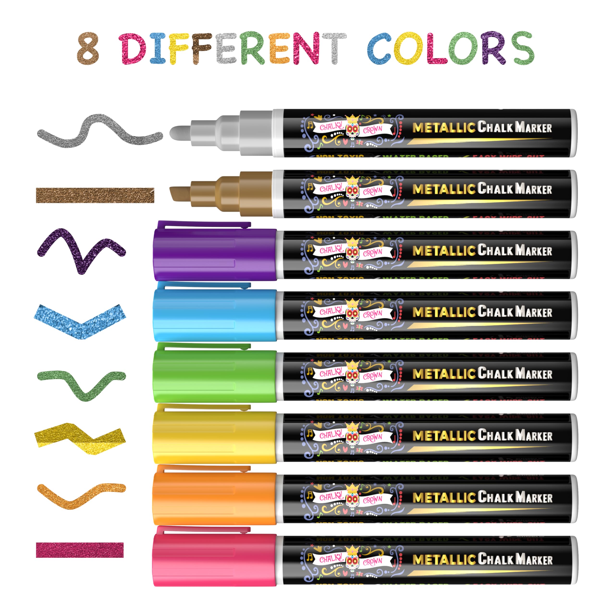 CHALKY CROWN Metallic Liquid Chalk Markers 8 Pack - Reversible Bullet & Chisel Tip Whiteboard Markers for Blackboard, Glass, Mirrors - Non-Toxic, Dust-Free Chalkboard Pens - Perfect for Restaurants, Classrooms & DIY Art Projects