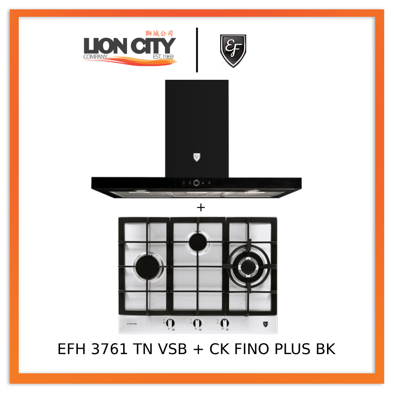 EF 90cm Chimney Range Hood CK FINO PLUS BK & EF EFH 3761 TN VSB 68cm Built-in Stainless Steel Gas Cooktop - Perfect for Modern Kitchens & Professional Cooking