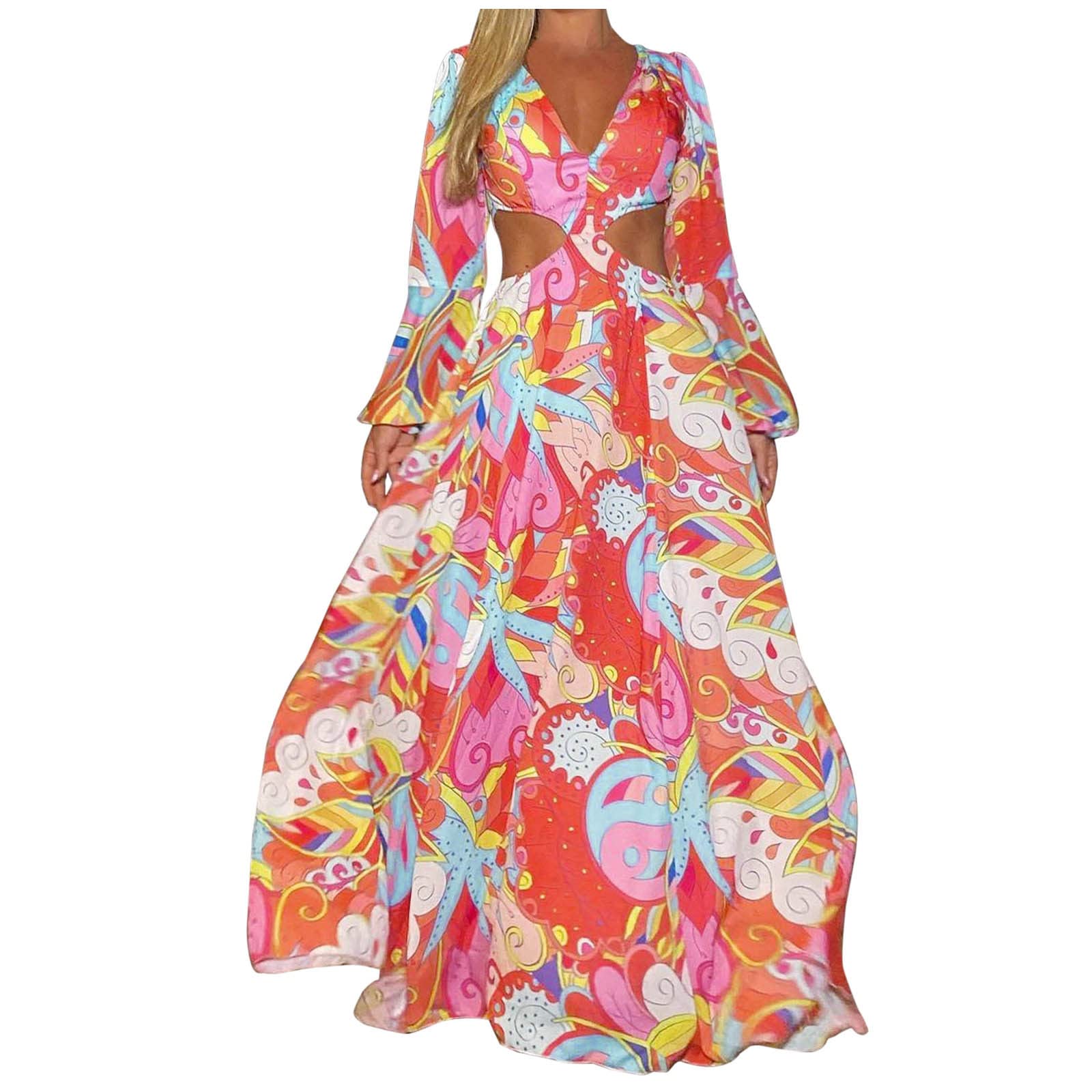 Women's Plus Size Maxi Dress - Winter Casual Loose Fit with Pockets, Irregular Hem & Sexy Print - Long Flowy Dress for Parties, Vacations & Everyday Wear