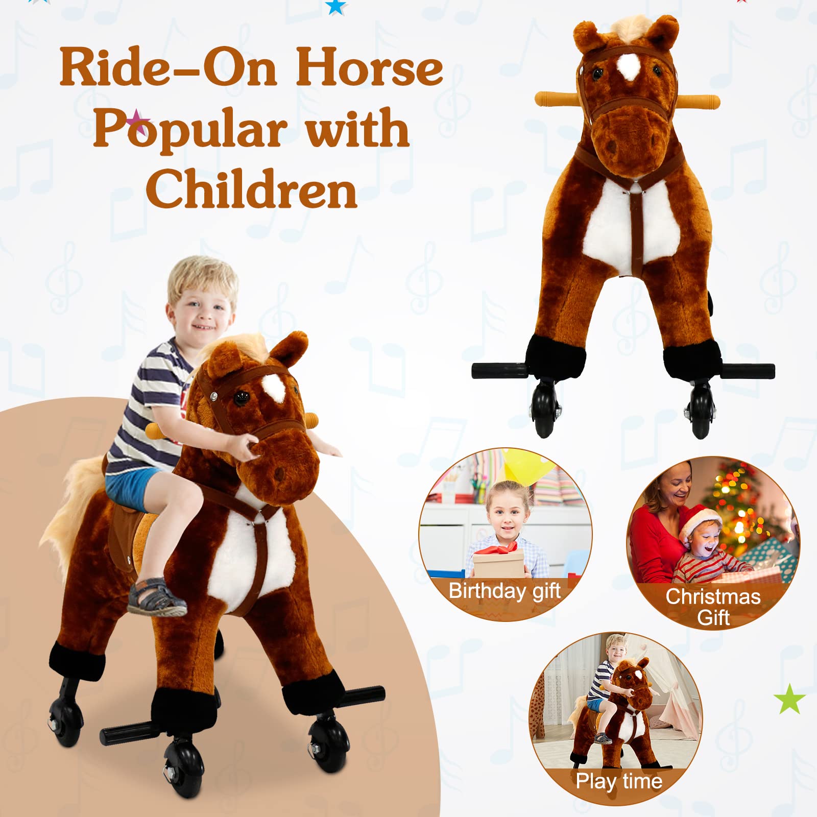 Kids Ride On Horse Toy with Rolling Wheels & Sound - Mechanical Walking Pony for Children Ages 3-6 | Interactive Pretend Play Toy for Indoor & Outdoor Fun