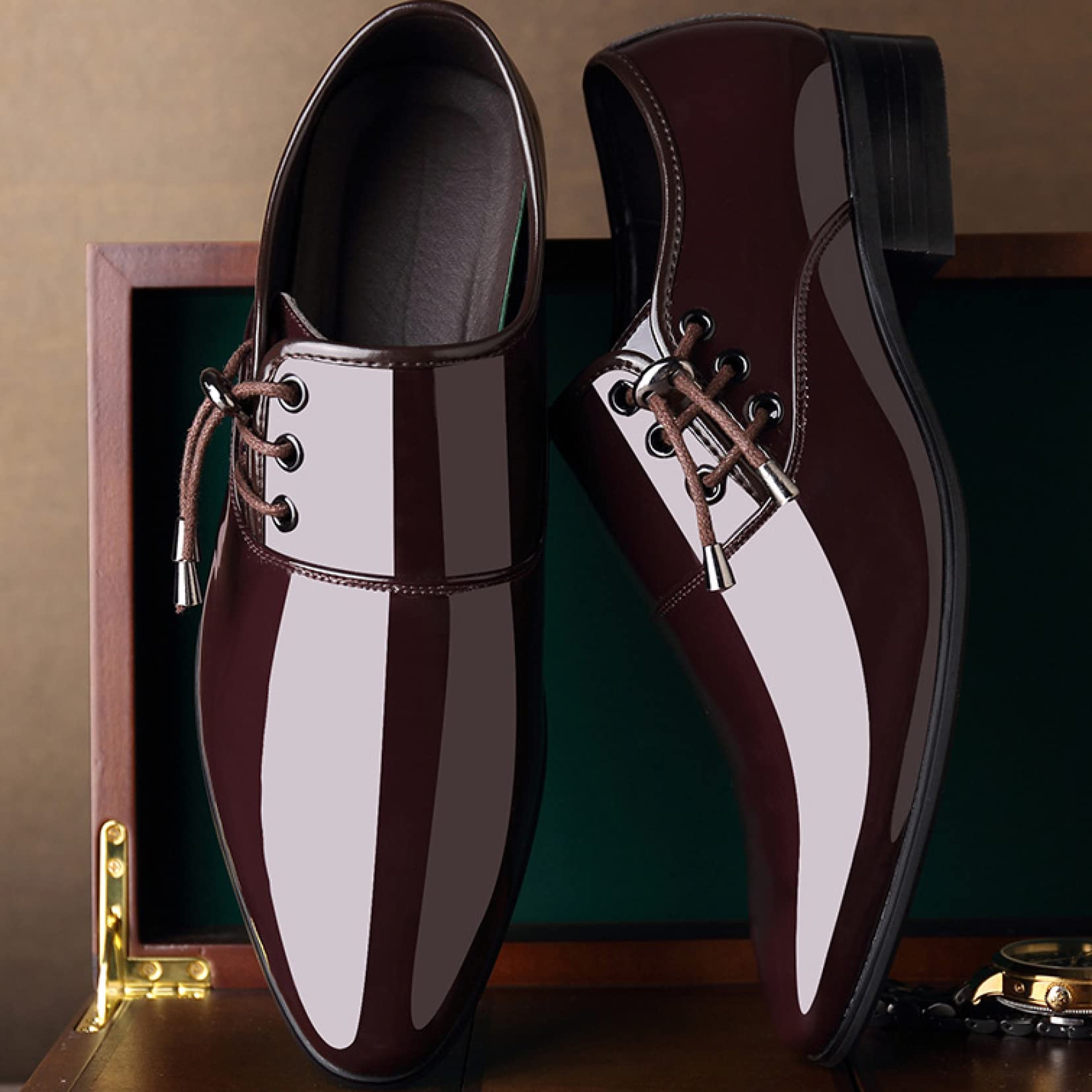 Premium Men's Patent Leather Dress Oxfords - Adjustable Side Lace Up, Pointed Toe Business Shoes for Office & Formal Occasions | Lightweight & Comfortable Men's Dress Shoes for Work, Weddings & Professional Events
