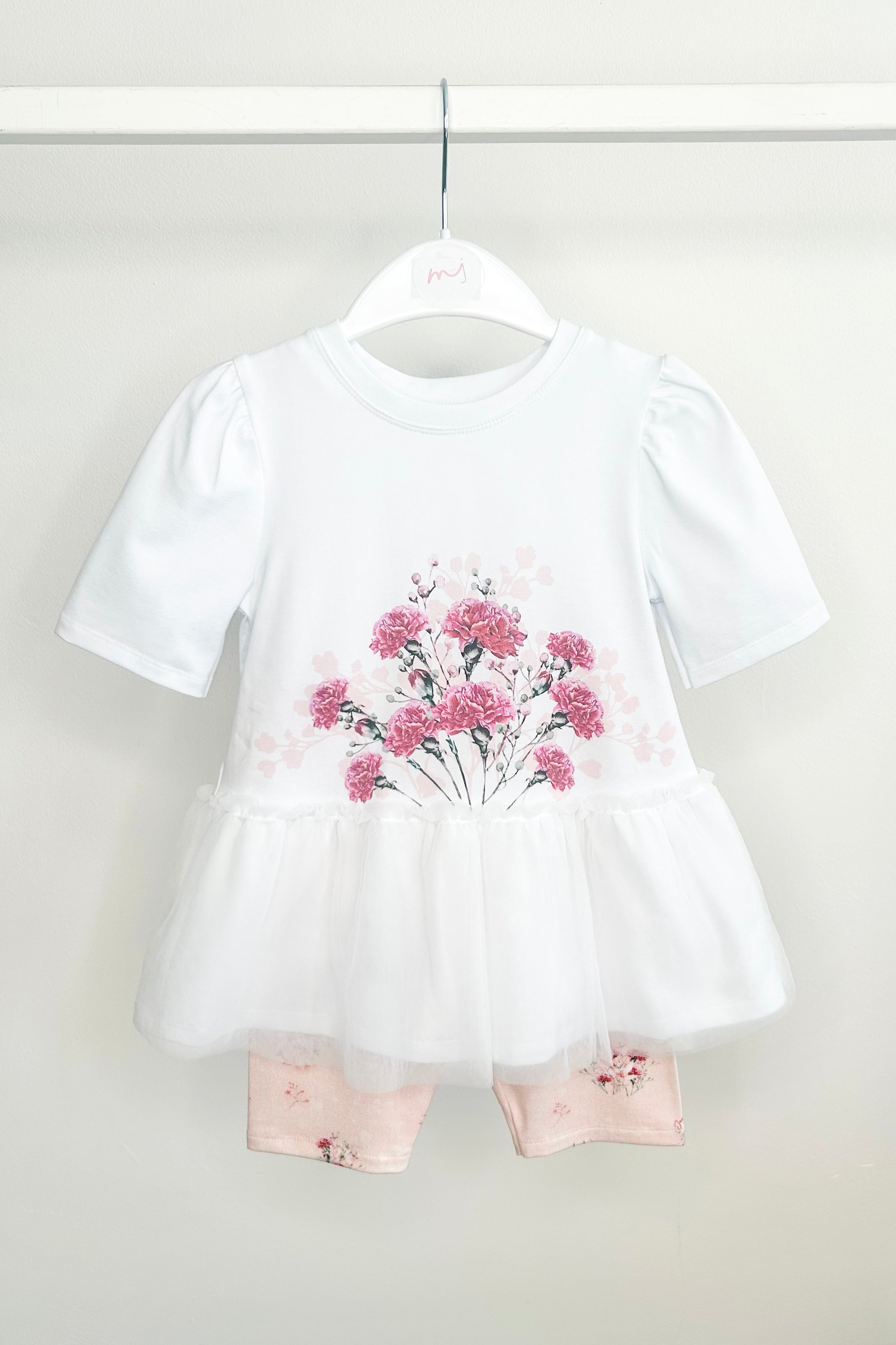 Zola White & Fuchsia Floral Tulle Top & Biker Shorts Set - Women's Trendy Workout Outfit for Yoga, Gym & Summer Streetwear