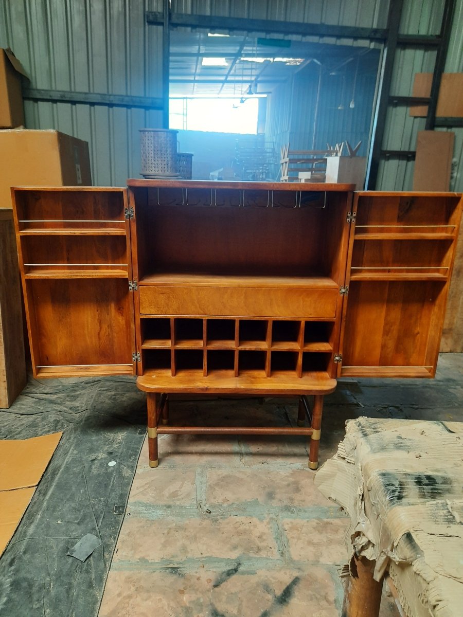 Hand Carved Deluxe Tambour Bar Cabinet - Solid Wood Home Bar Furniture for Living Room, Dining Room & Man Cave