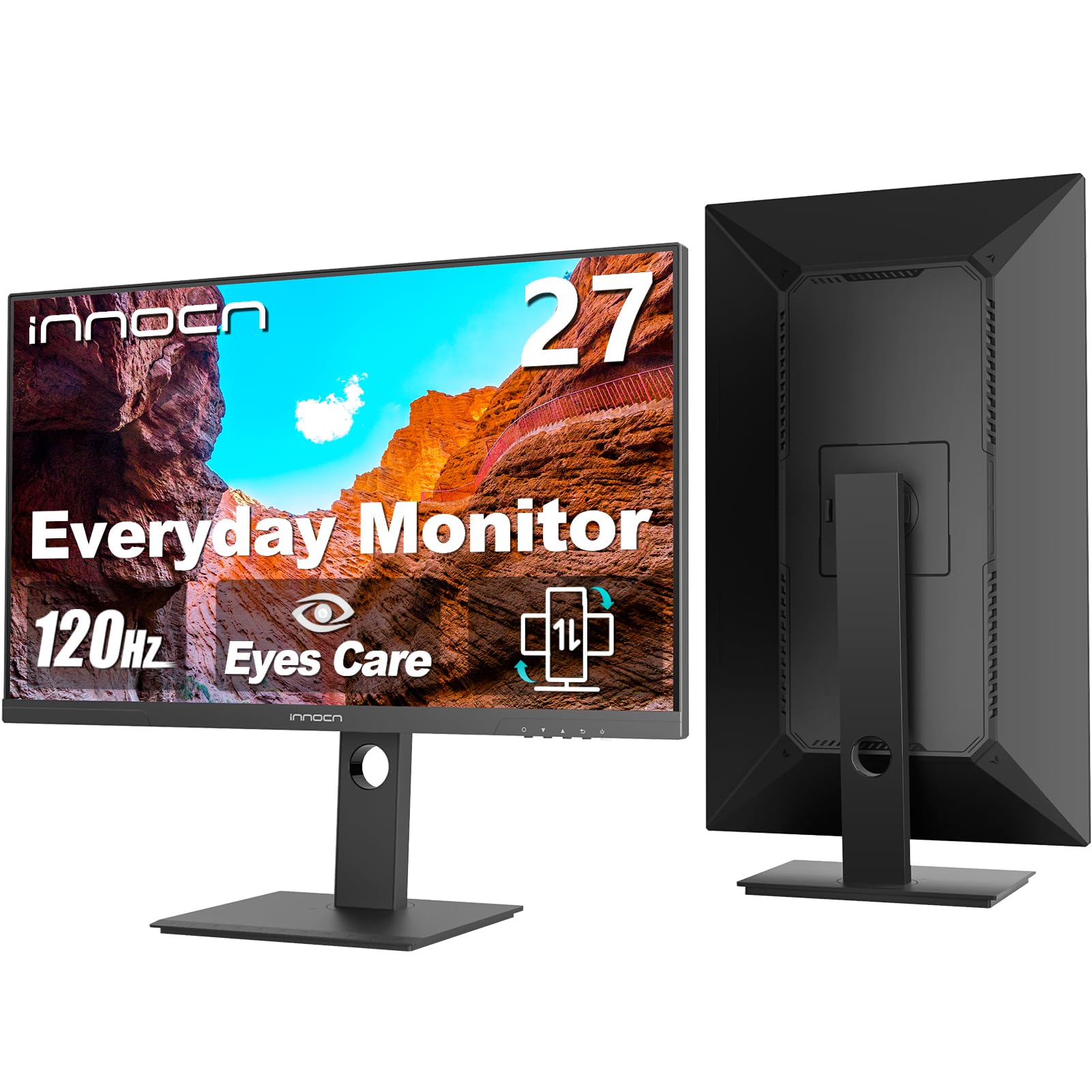 INNOCN 27 Inch 120Hz FHD 1080p IPS Gaming Monitor with Built-in Speakers, Eye Care Technology, Height & Pivot Adjustable Stand, HDMI/VGA Ports, VESA Mount Compatible - Black (27D1FR) - Perfect for PC Gaming, Office Work, and Home Entertainment
