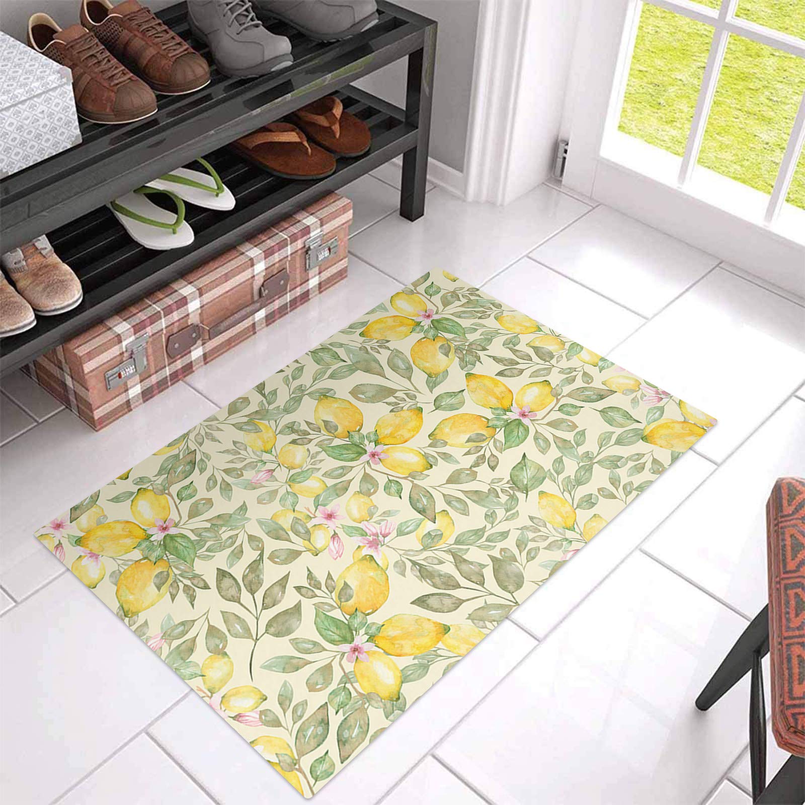 Possta Decor Retro Summer Farm Lemon Doormat - Non-Slip Water Absorbent Entry Rug with Green Leaf Watercolor Design (16x24 Inch) - Perfect for Front Door, Bedroom, Bathroom & Living Room Floor Decor
