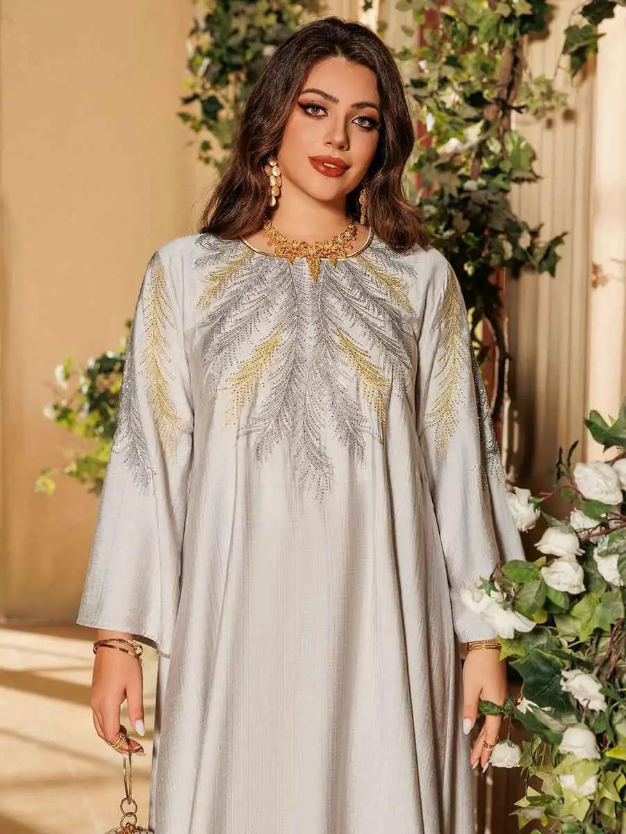 Elegant Eid Embroidered Hotfix Rhinestone Caftan Kaftan Dress for Women - Perfect for Holiday Parties, Weddings & Special Occasions