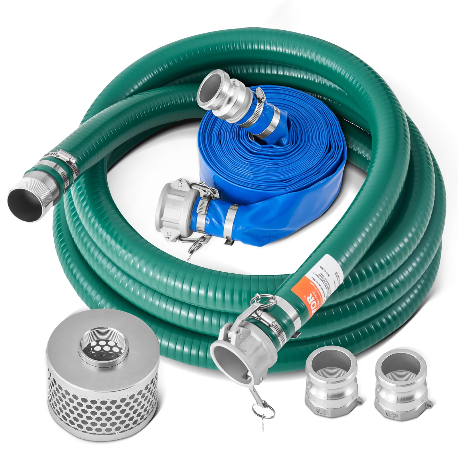 VEVOR 2 in x 65 ft Blue Backwash Hose & 20 ft Green Suction Hose Kit with Steel Strainer & Camlocks - Water Pump Accessories for Pool Cleaning, Pond Maintenance & Industrial Use