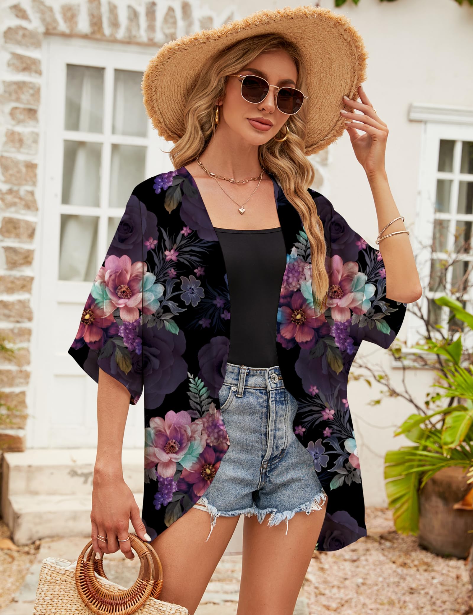 Chunoy Women's Lightweight Chiffon Kimono Cardigan - Short Sleeve Open Front Cover Up for Beach, Pool, and Summer Outfits | Casual Loungewear & Boho Style Fashion