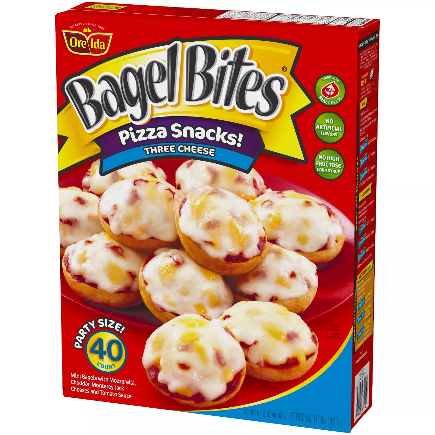 Bagel Bites Three Cheese Frozen Pizza Snacks - Mozzarella, Cheddar & Monterey Jack - Party Size 2 Pack (31.1oz/40ct, Total 80 Bites) | Ready Set Gourmet Donate A Meal Program | Perfect for Parties, Game Nights & Quick Family Meals