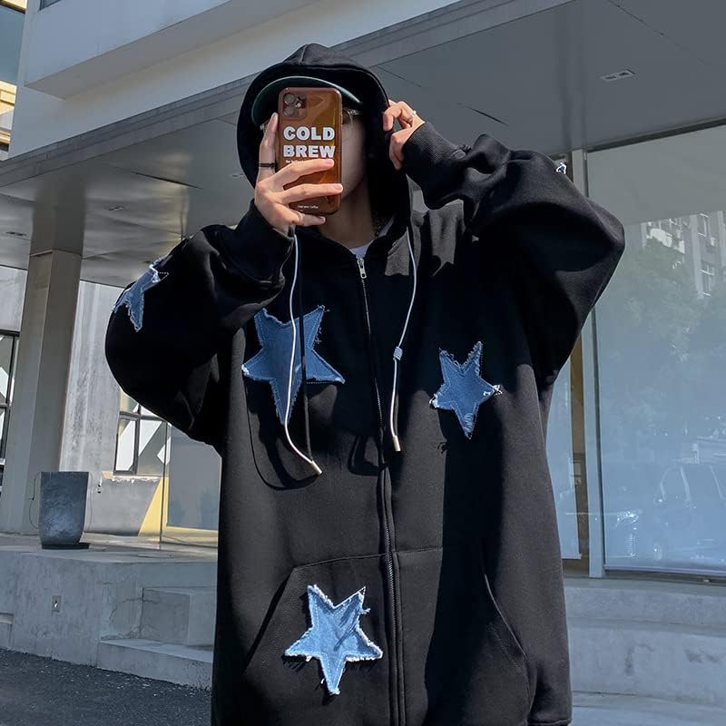 Trendy Y2K Oversized Graphic Hoodie for Men & Women - Star Patch Zip Up Sweatshirt Jacket | Streetwear Fashion for Casual Wear, College Outfits & Urban Style