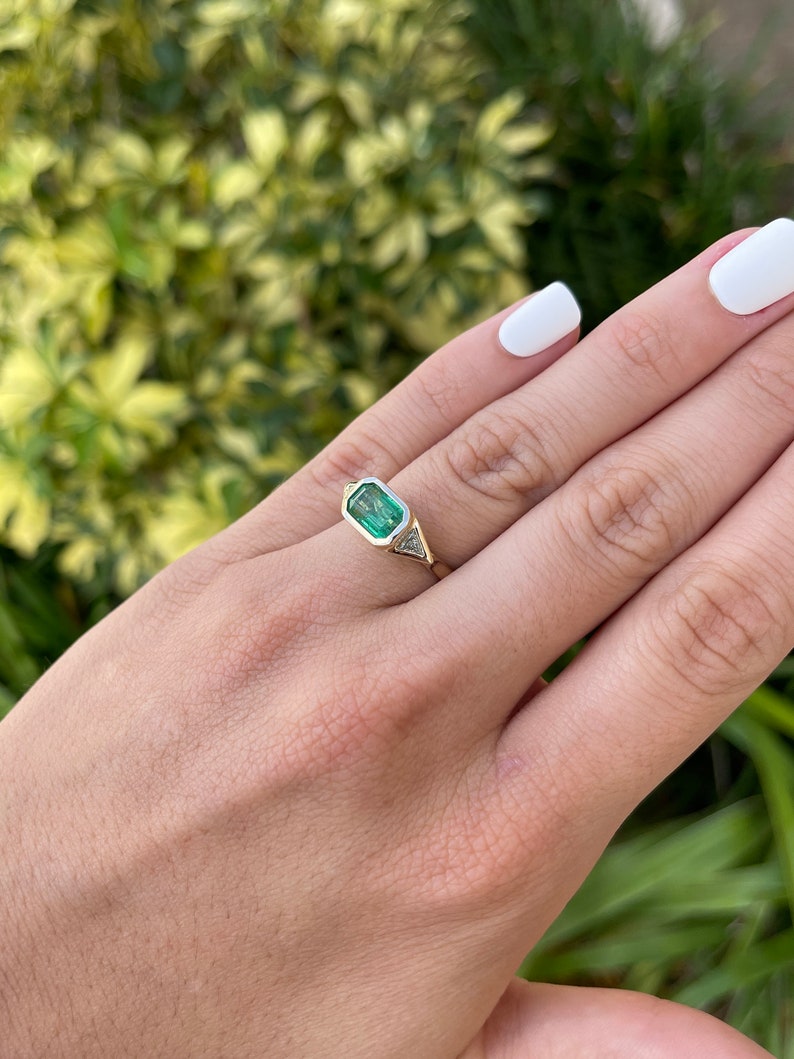 2.62tcw 14K Gold Three Stone East West Natural Emerald & Trillion Cut Diamond Ring for Women - Elegant Engagement, Anniversary or Gift Jewelry for Special Occasions