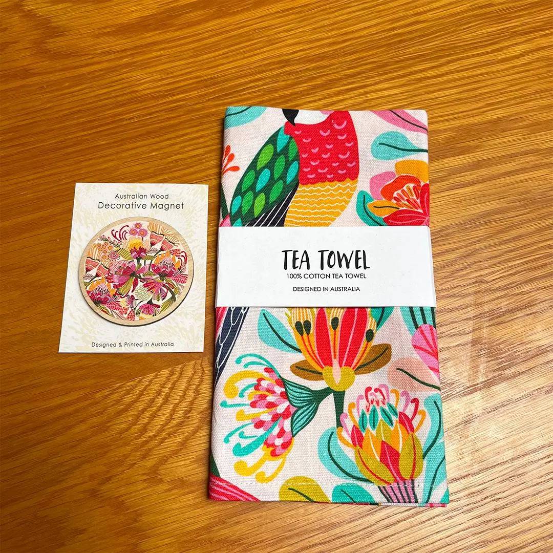 Premium Home Decor Gift Set - Designer Rosella Paradise Tea Towel & Wooden Fridge Magnet for Kitchen, Housewarming, Wedding Gifts