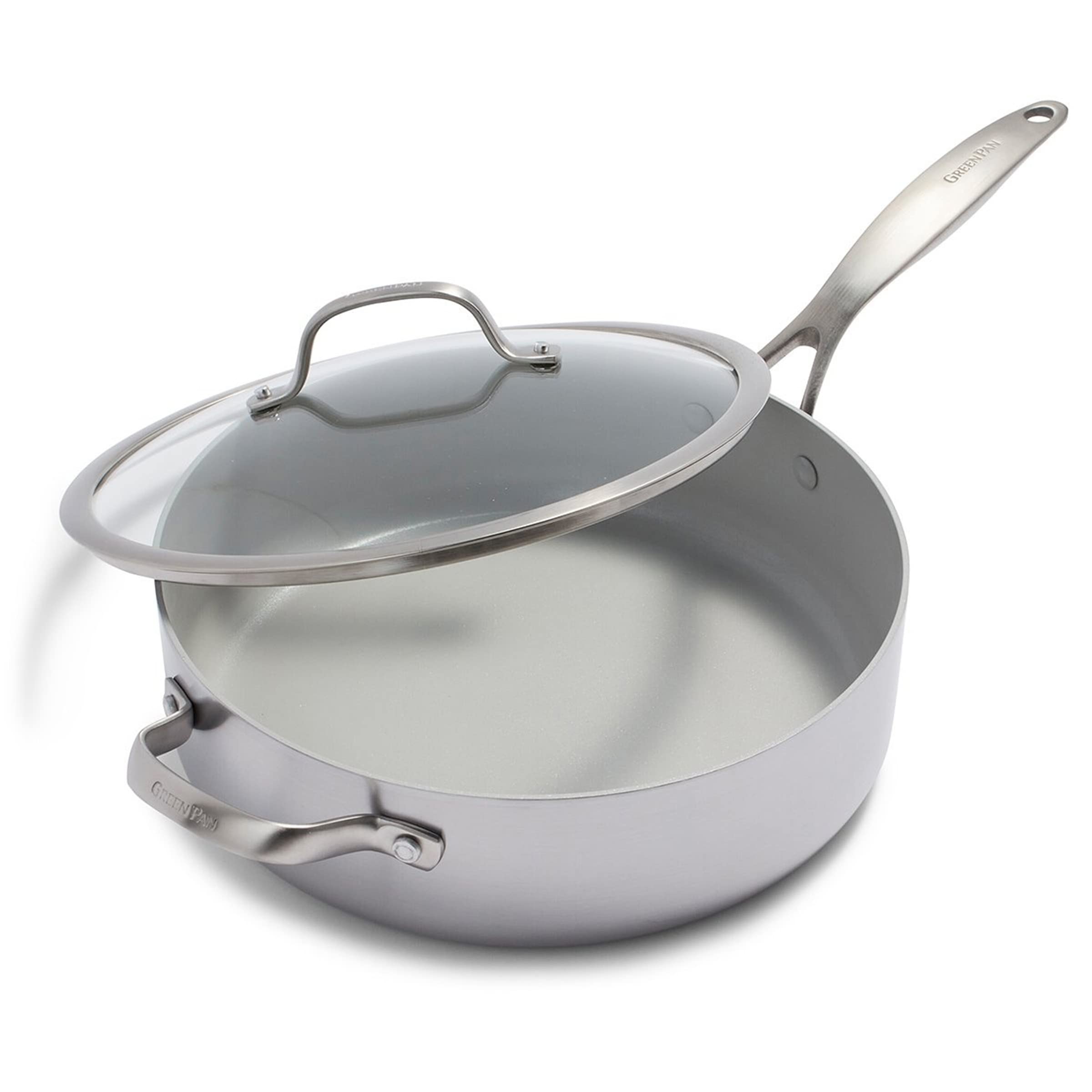 GreenPan Venice Pro Tri-Ply Stainless Steel Healthy Ceramic Nonstick 5QT Saute Pan with Helper Handle & Lid - PFAS-Free, Multi-Clad, Induction Compatible, Dishwasher & Oven Safe - Perfect for Sautéing, Frying & Cooking Family Meals