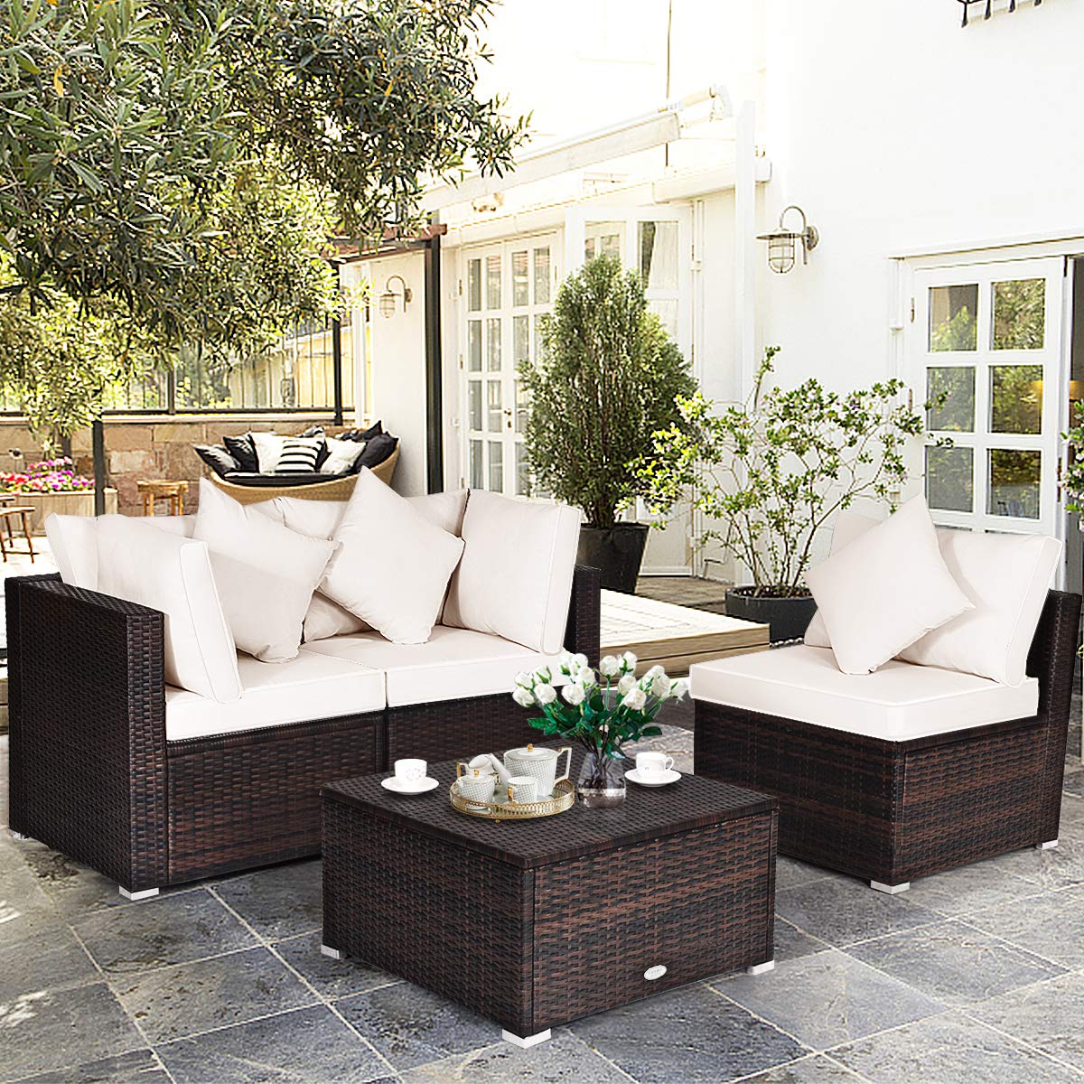 HAPPYGRILL 4-Piece Outdoor Patio Furniture Set - Rattan Wicker Conversation Sofa with Ottoman, Cushions & Pillows - Garden, Lawn, Balcony, Backyard Furniture for Relaxing & Entertaining
