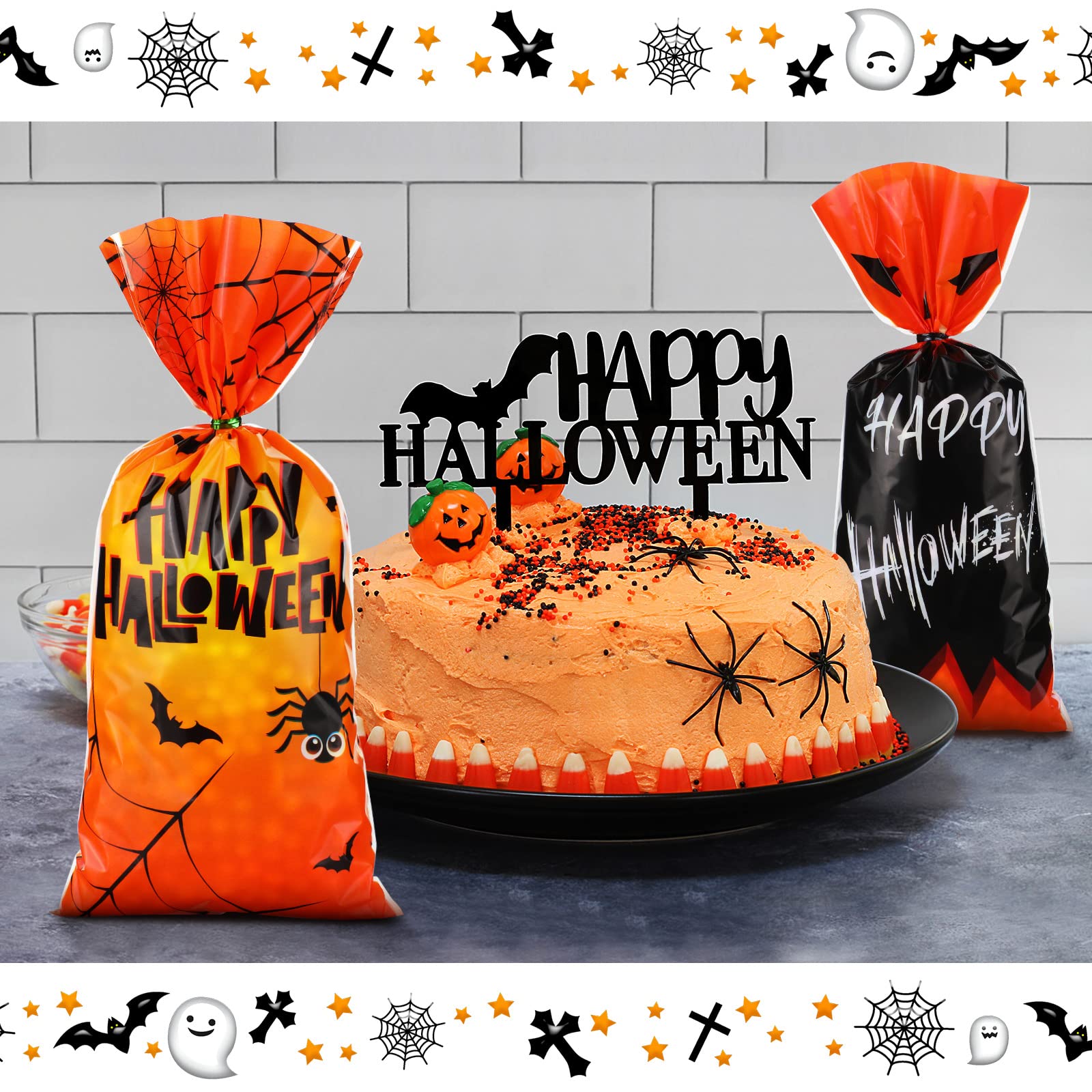 100 Pcs Halloween Cellophane Bags - Creepy Carnival Party Favors, Plastic Treat Bags with Ties for Candy & Goodies - Spooky Halloween Circus Decorations & Gift Supplies (Classic Style) - Perfect for Trick-or-Treating, Classroom Treats & Halloween Party Favors
