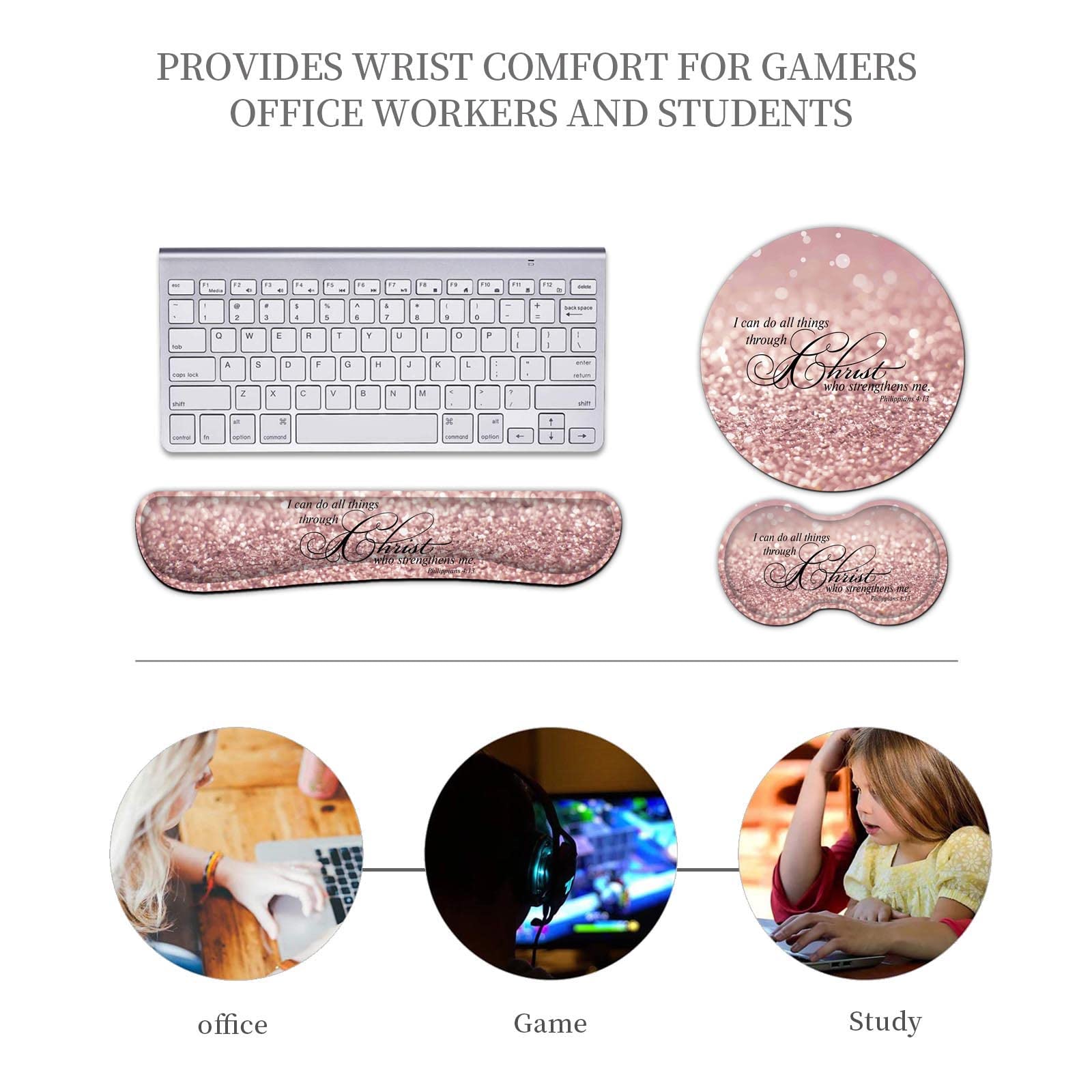 Ergonomic 4-Piece Keyboard & Mouse Wrist Rest Set with Memory Foam Support & Coaster - Pink Glitter Design for Comfortable Computer Use at Home & Office (Philippians 4:13 Inspired) | Perfect for Typing, Gaming & Long Work Sessions