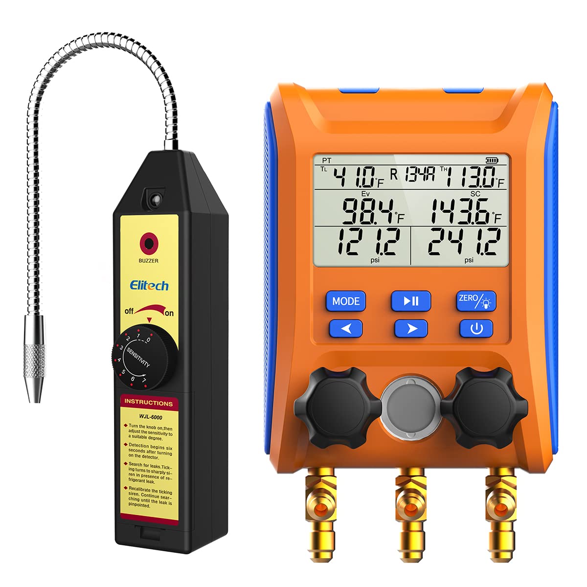 Elitech WJL-6000 Freon Leak Detector & Halogen Gas Tester with Elitech LMG-10 Digital HVAC Manifold Gauge - Professional Refrigerant Detection Tools for HVAC Technicians, AC Repair, and Automotive Maintenance
