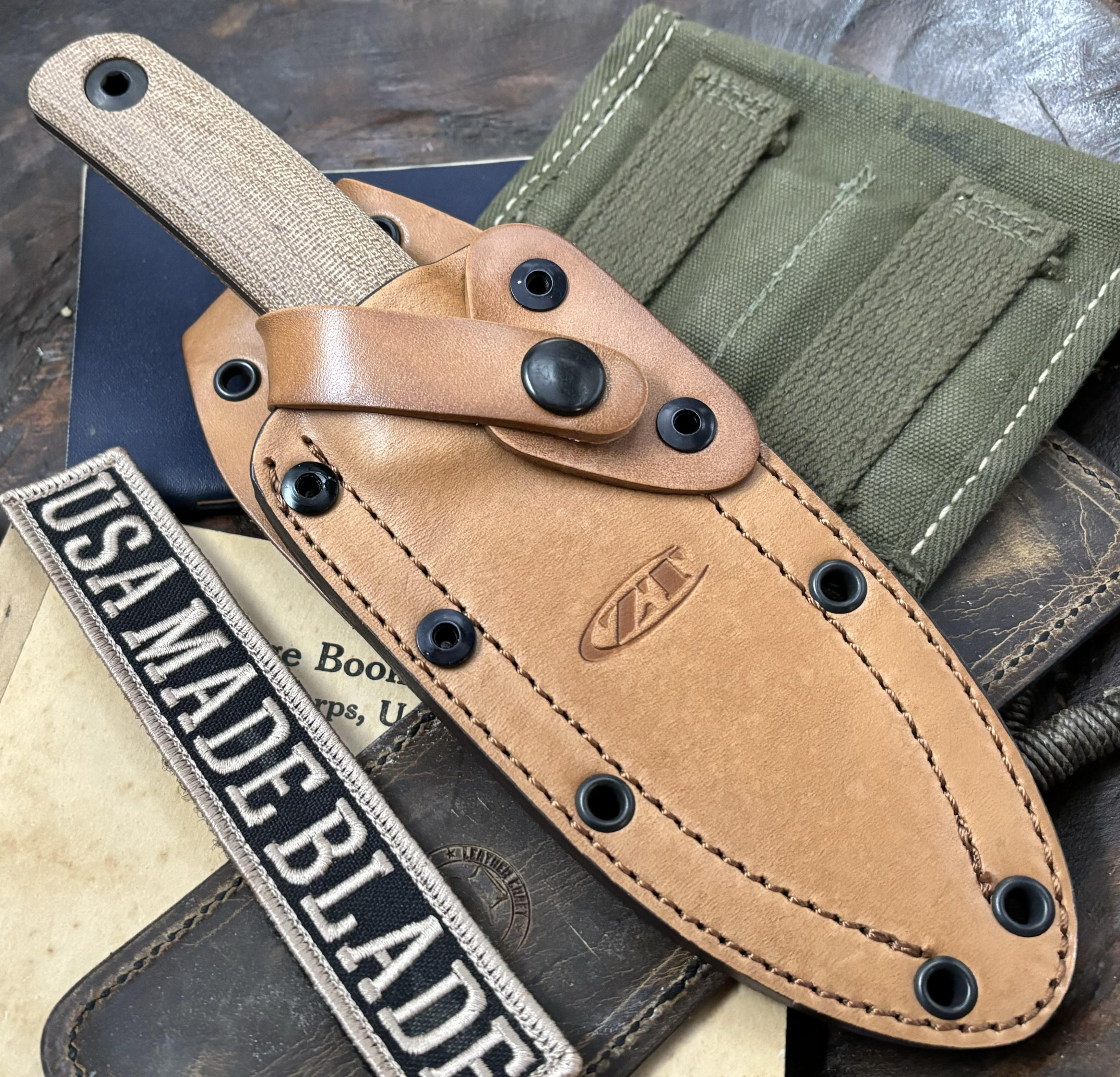 ZT0004 Tactical Folding Knife with Cru Wear Blade, Canvas Micarta Handles & Tan Leather Sheath - Perfect for Outdoor Camping, Hunting and Survival Adventures