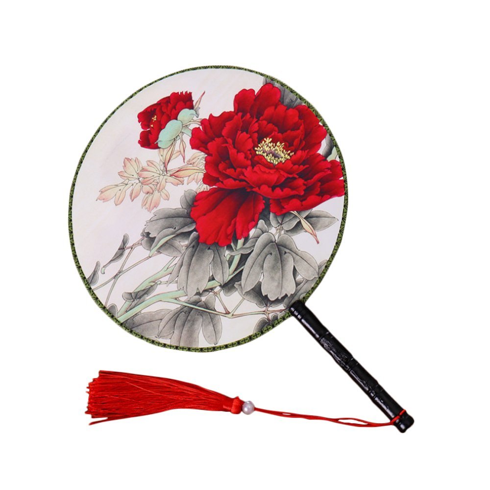 PULABO Traditional Chinese Ancient Court Dance Fan - Red Peony Pattern Double Layer Round Hand Fan for Women | Premium Quality Silk Fan for Dance Performance, Wedding, Cosplay & Home Decor
