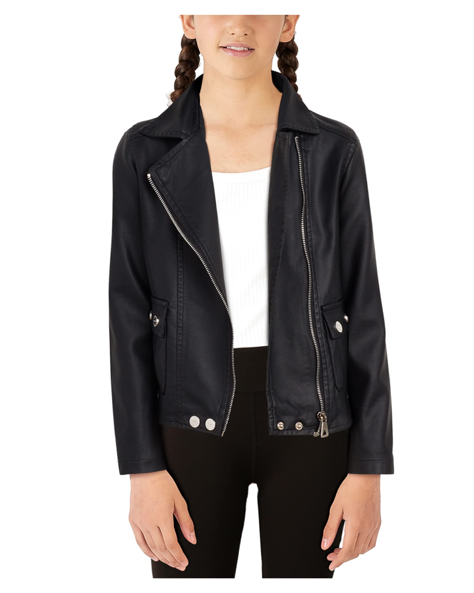 URBAN REPUBLIC Girls' PU Leather Motorcycle Jacket - Stylish Faux Leather Moto Biker Coat for Teens & Kids - Perfect for Riding, School, and Casual Outfits