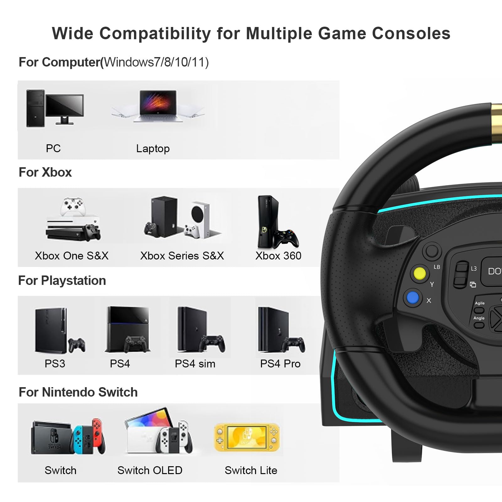 DOYO Racing Wheel with Hall Effect Pedals & Dual Vibration - Compatible with Xbox, PS4, PS5, PC & Nintendo Switch - Realistic Driving Simulator for Gaming & Racing Enthusiasts - Perfect for Gran Turismo, Forza & F1 Simulation Games