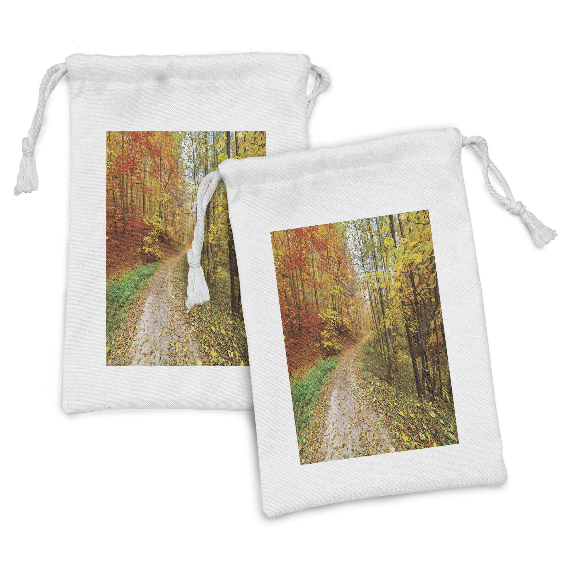 Ambesonne Fall Fabric Pouch Set of 2 - Colorful Autumn Landscape with Forest & Leaves - Small Drawstring Bags for Toiletries, Masks, Party Favors - 9x6 Inches Green & Vermilion - Perfect for Travel, Cosmetics & Gift Giving