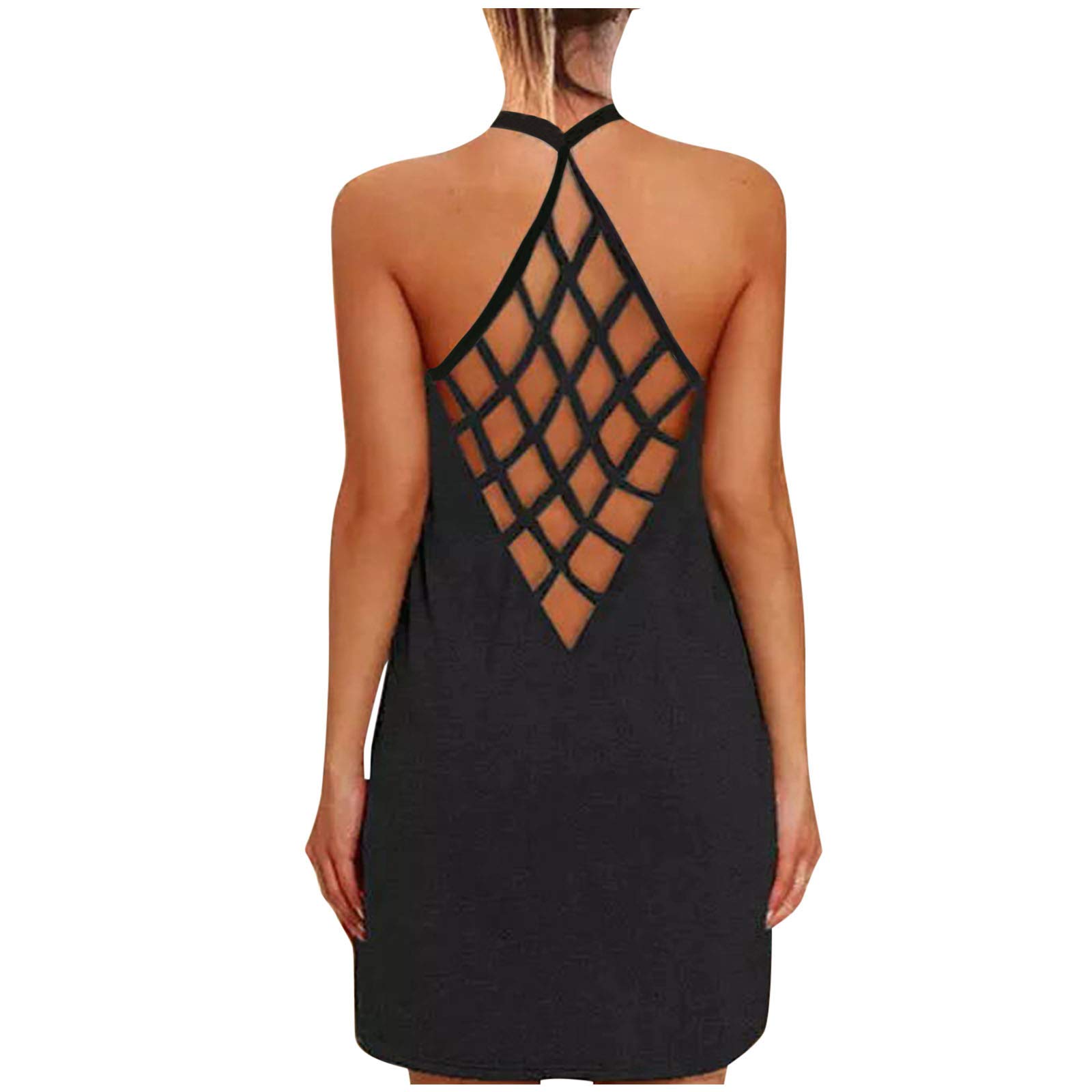 FABIURT Women's Summer Dresses - Casual Sleeveless Halter Neck Boho Mini Sundress for Beach, Vacation & Date Night | Sexy Black Flowy Dress for Women
