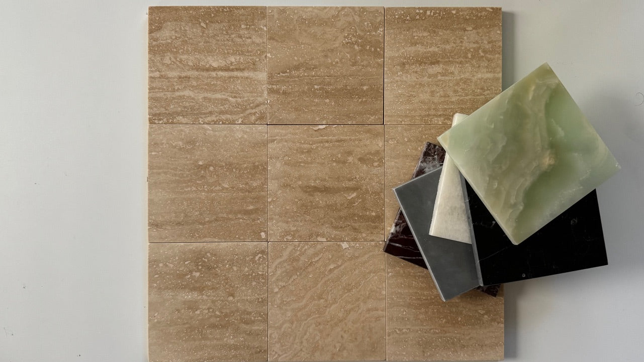 Premium Rosso Levanto & Ivory Travertine Vein Cut Checkerboard Tiles - Natural Stone Flooring for Kitchen, Bathroom & Entryway - Elegant Marble Pattern for Home Renovation & Commercial Spaces