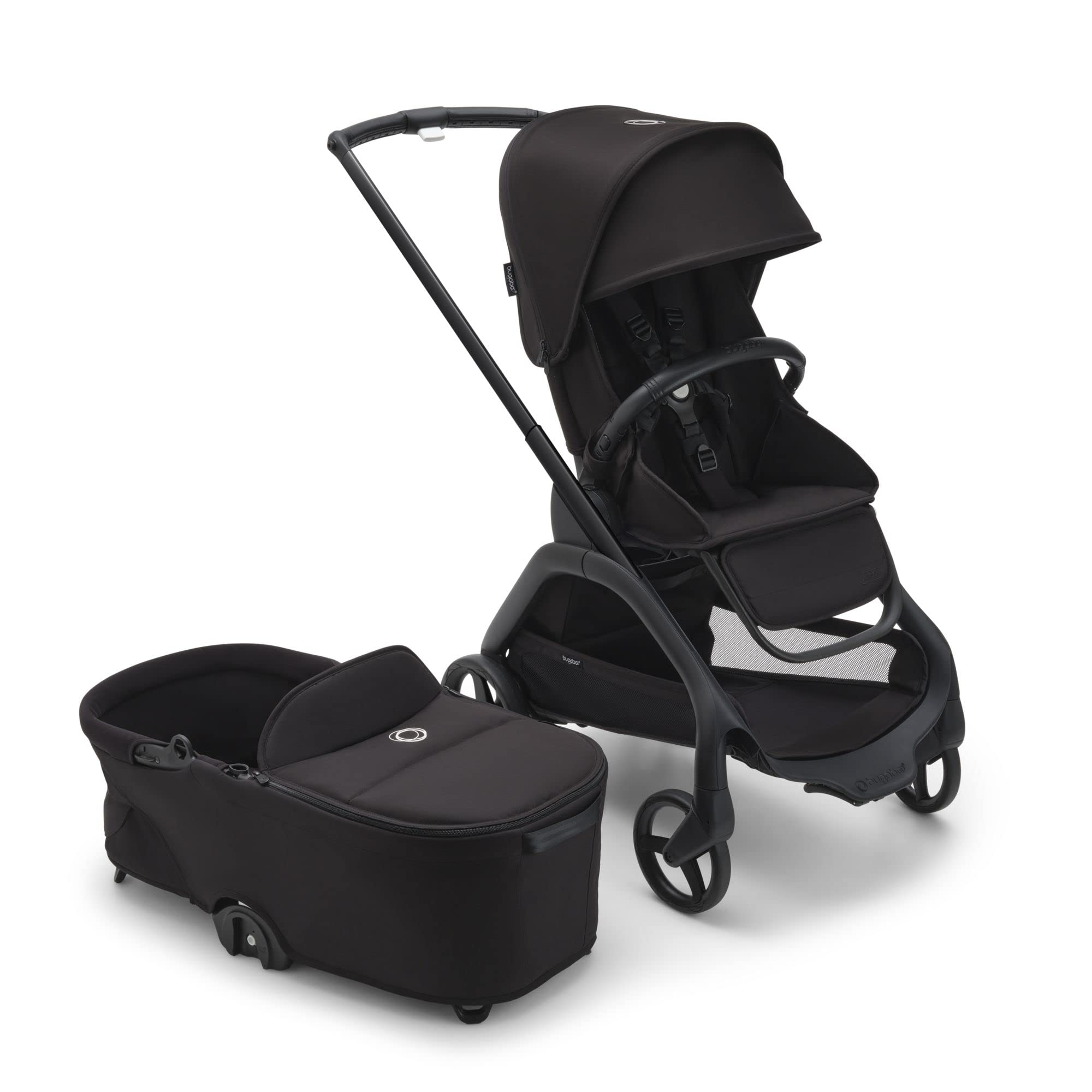 Bugaboo Dragonfly City Stroller with Full-Size Bassinet & Toddler Seat | One-Hand Fold, Full Suspension, Large Storage Basket | Black Chassis & Midnight Black Canopy | Perfect for Urban Walks, Shopping & Travel