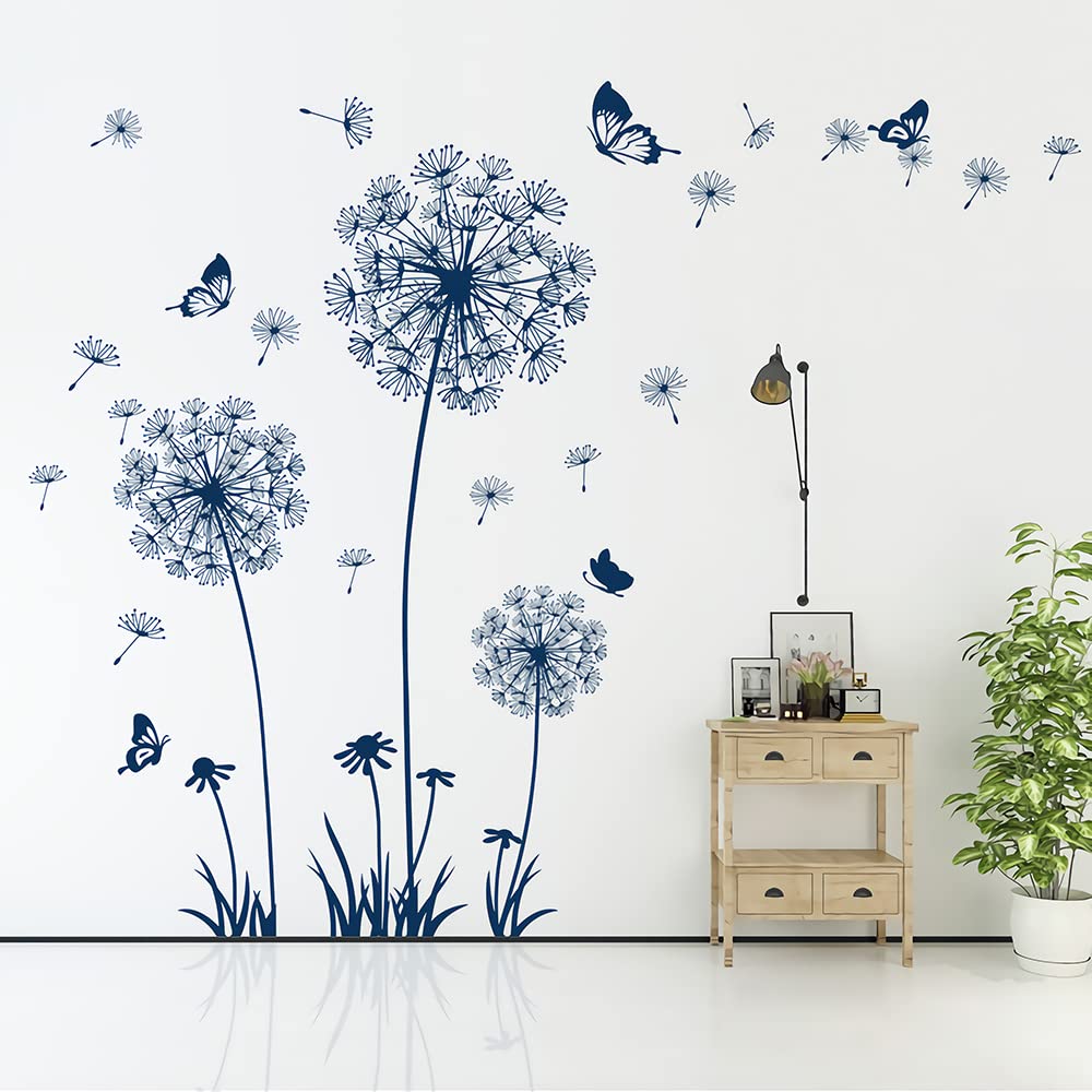 Supzone Blue Dandelion Wall Stickers with Butterflies - Floral Wall Decals for Bedroom, Living Room & TV Backdrop - Removable Wall Art Decor for Home, Office & Nursery (Perfect for DIY Home Decor & Party Backgrounds)