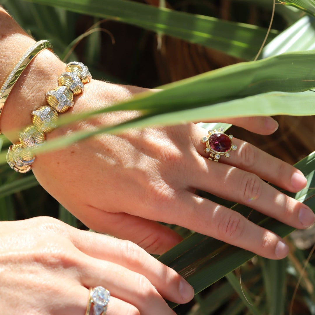 14K Yellow Gold Pink Tourmaline & Diamond Cabochon Ring - Elegant Jewelry for Women, Perfect for Weddings, Anniversaries & Special Occasions