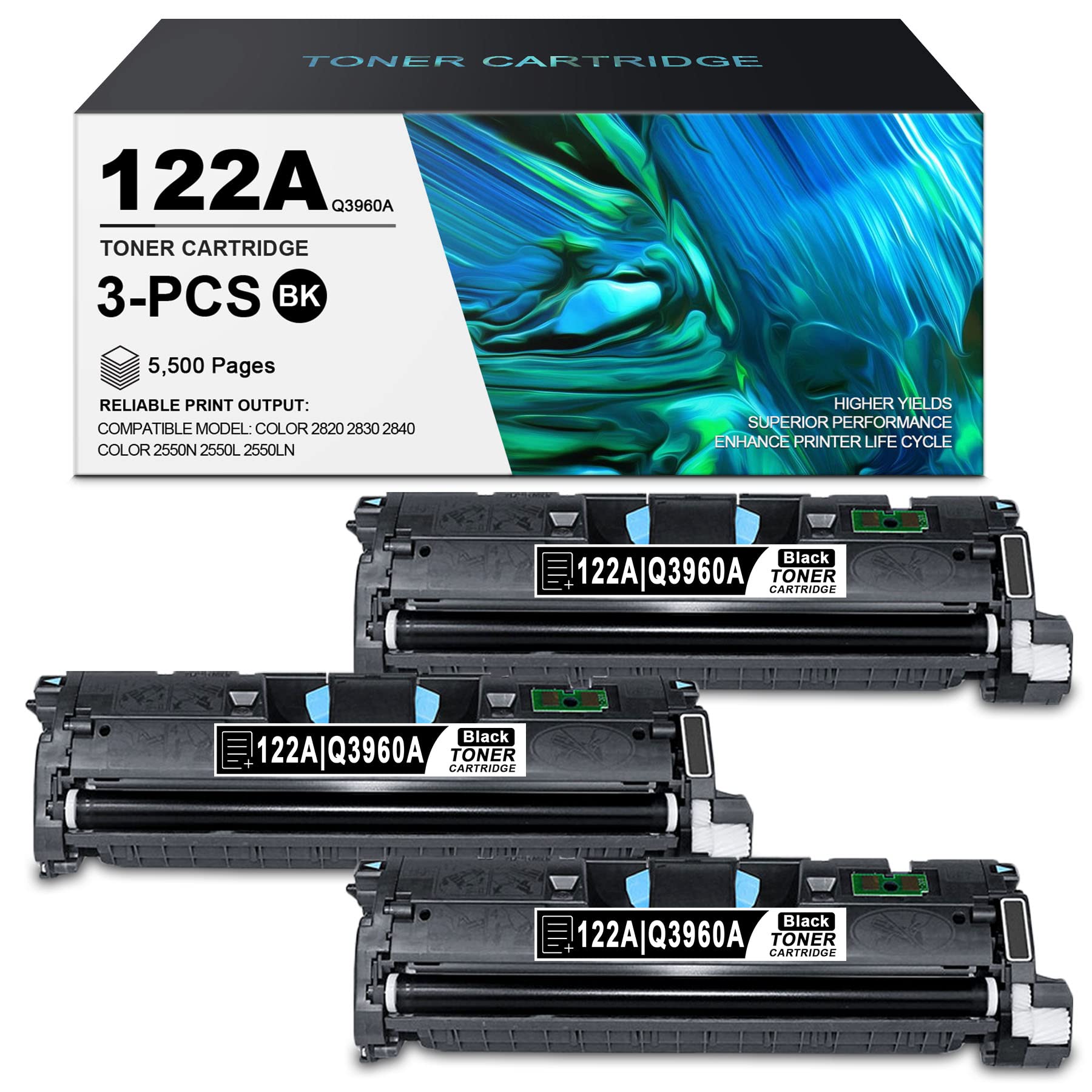 RHODIUMINK Q3960A Compatible Remanufactured 122A Black Toner Cartridge (3-Pack) - Replacement for HP Color 2830 2820 2840 2550n 2550L 2550Ln Printers | Ideal for Home Office, Small Business Printing & High-Volume Documents