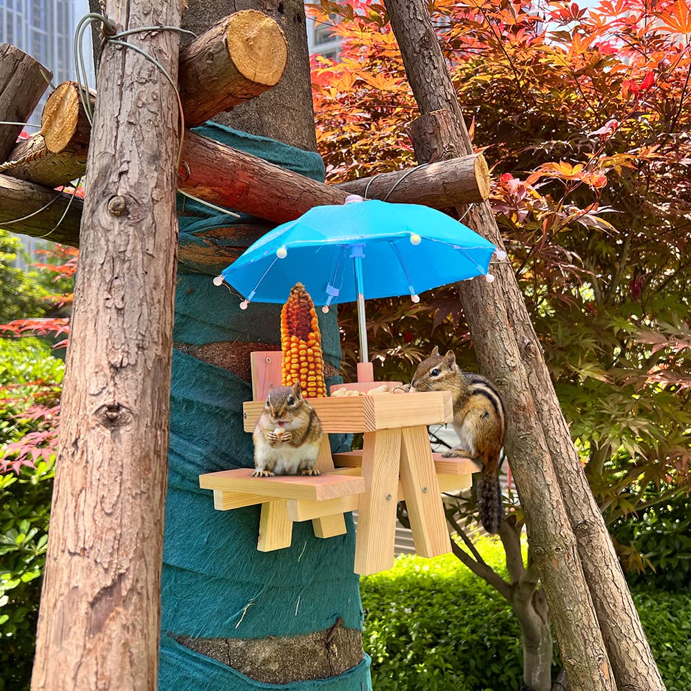 Outdoor Hanging Squirrel Feeder with Umbrella Cover & LED String Lights - Natural Wooden Picnic Table Style Bird Feeder with Water Bowl (Blue) - Perfect for Backyard Wildlife Watching & Garden Decoration