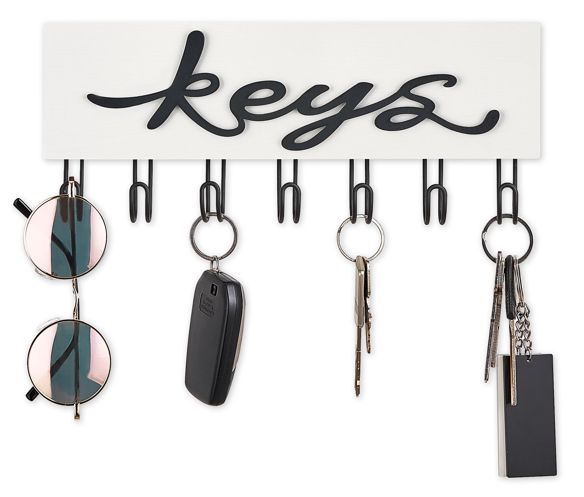 Rustic Wood Wall Key Holder with 7 Hooks - Farmhouse Style Entryway Organizer for Keys, Hats & Accessories | Perfect for Hallway, Office & Home Decor (White)