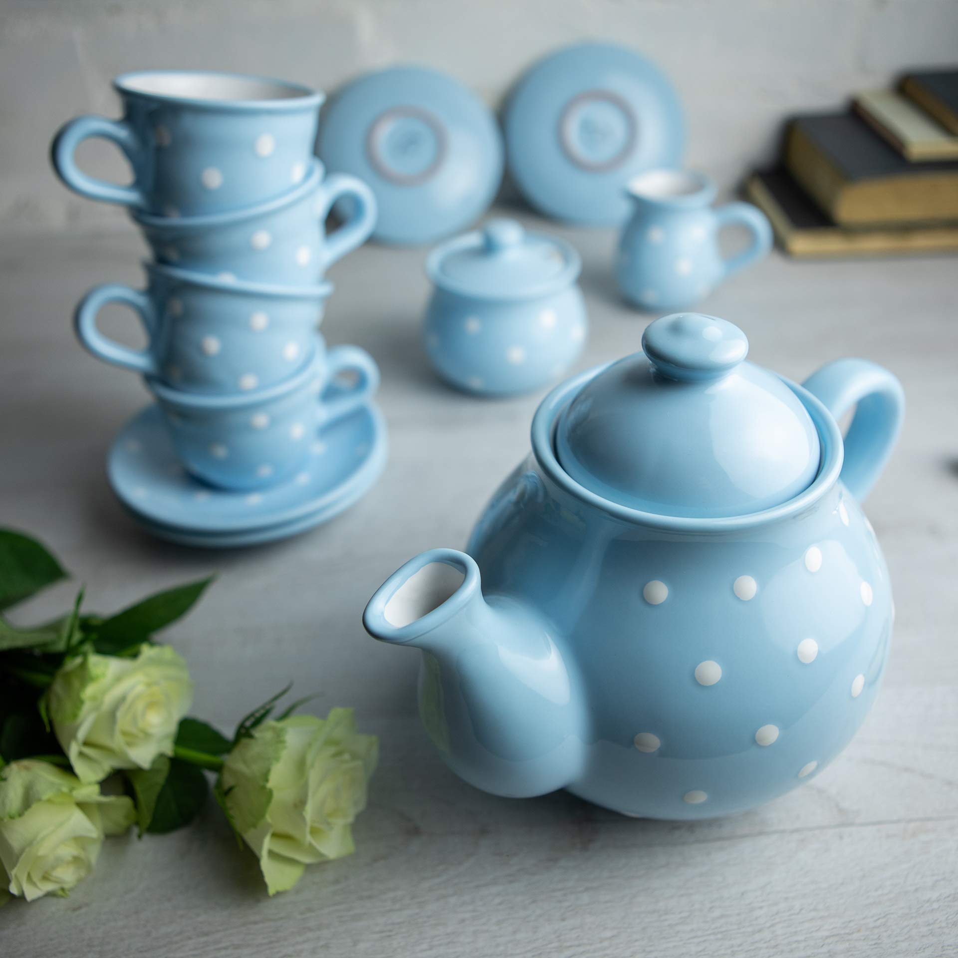 Handmade Baby Blue and White Polka Dot Ceramic Teapot Set - 1.7L (60oz) Large Capacity with 4 Cups & Saucers, Milk Jug & Sugar Bowl - Perfect for Afternoon Tea, Housewarming Gifts & Tea Lovers - City to Cottage®