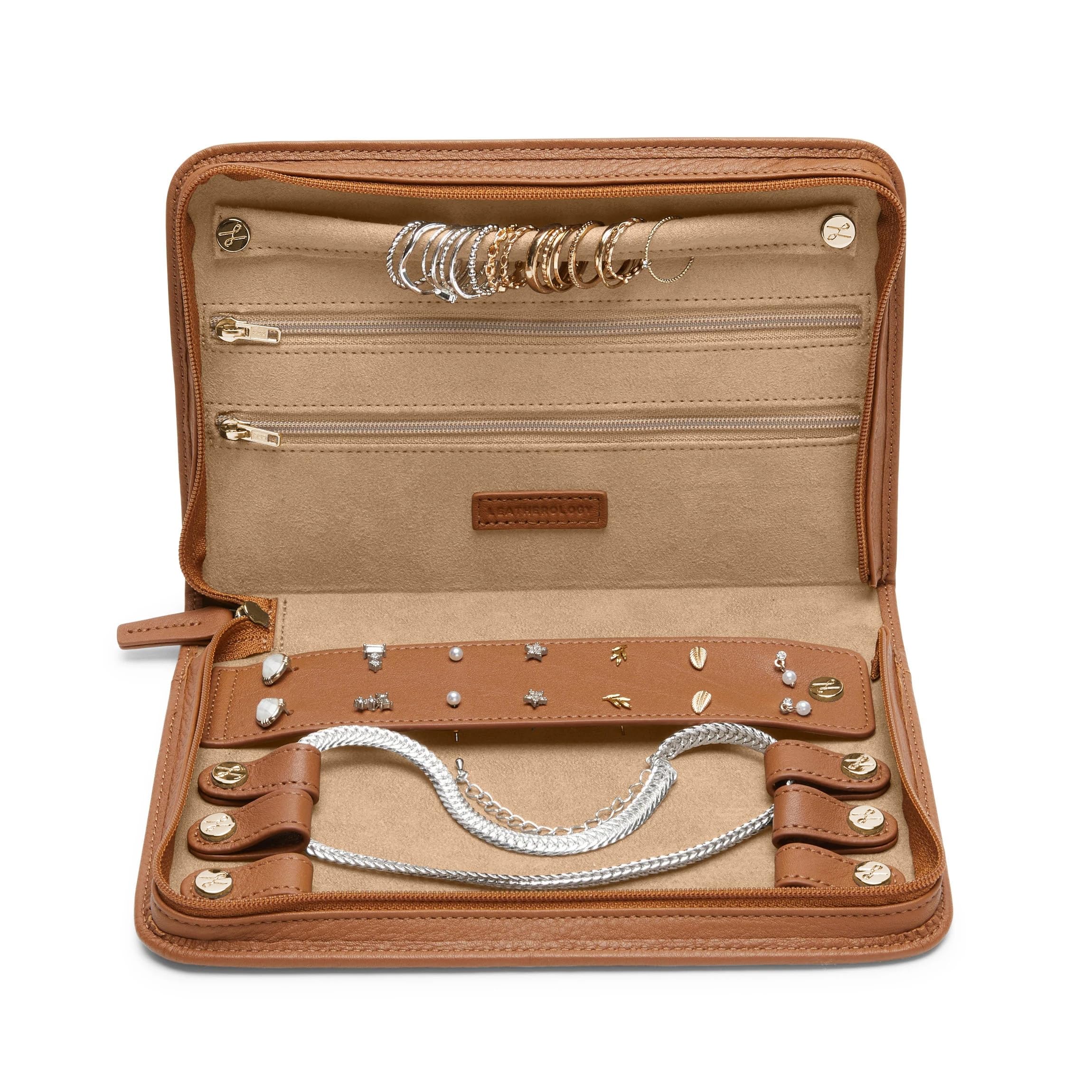 Leatherology Cognac Large Jewelry Case - Spacious Travel Jewelry Organizer with Multiple Compartments | Perfect for Necklaces, Rings & Earrings Storage | Great for Travel, Home & Gift Giving