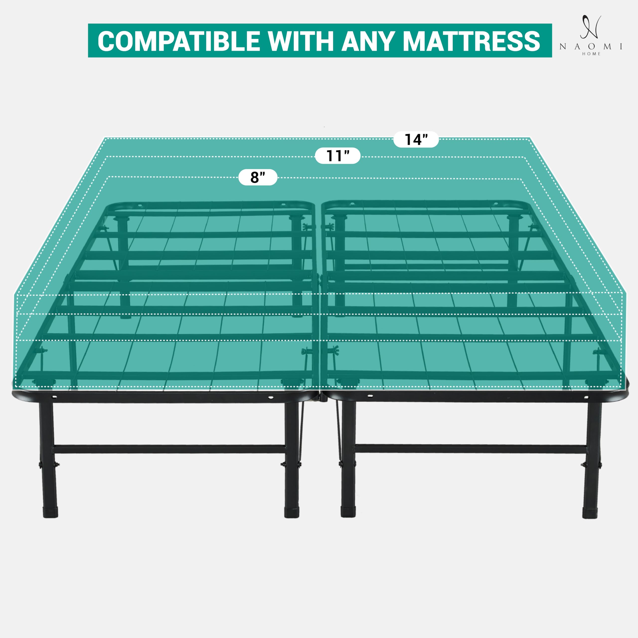 Tool-Free Assembly 14 Inch Heavy Duty Full Size Bed Frame - Foldable Steel Platform Bed with Metal Slats, 600lbs Capacity (Black) | Box Spring Replacement for Guest Rooms, Dorms & Small Spaces